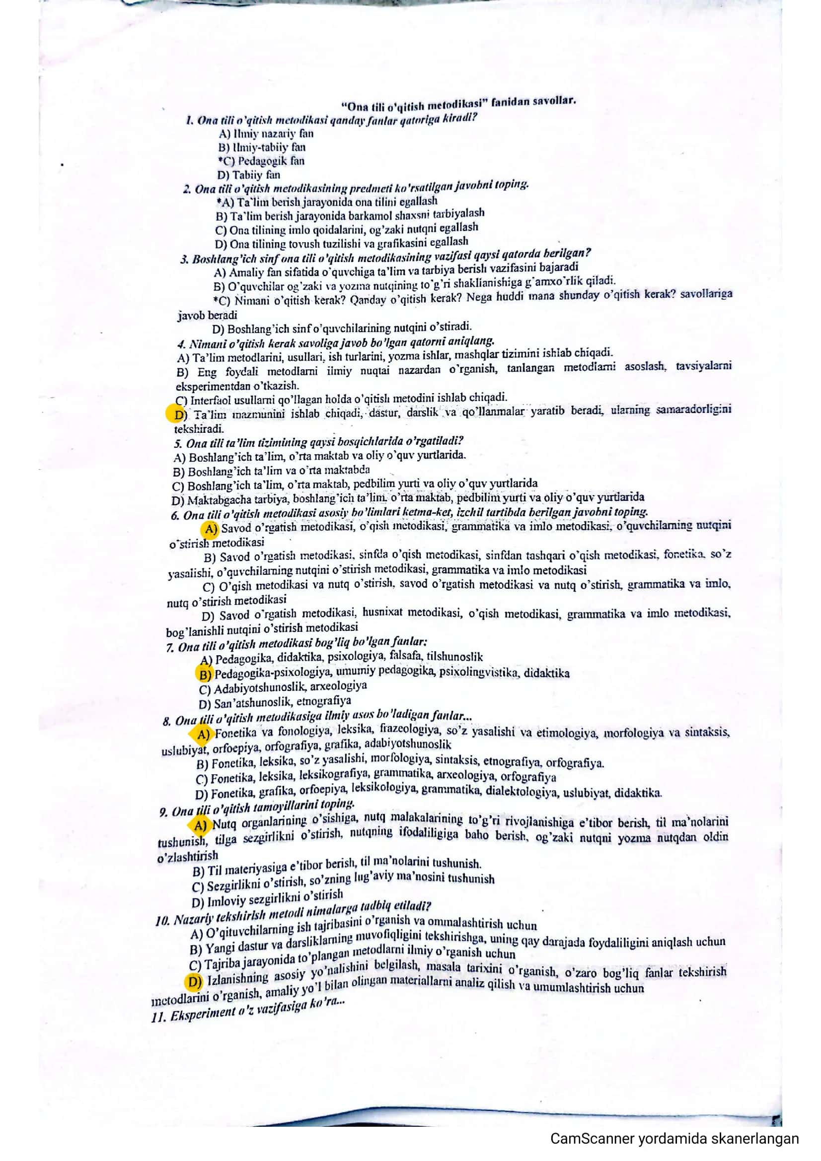 Boshlangʻich taʼlimdan test savollari va javoblari bilan