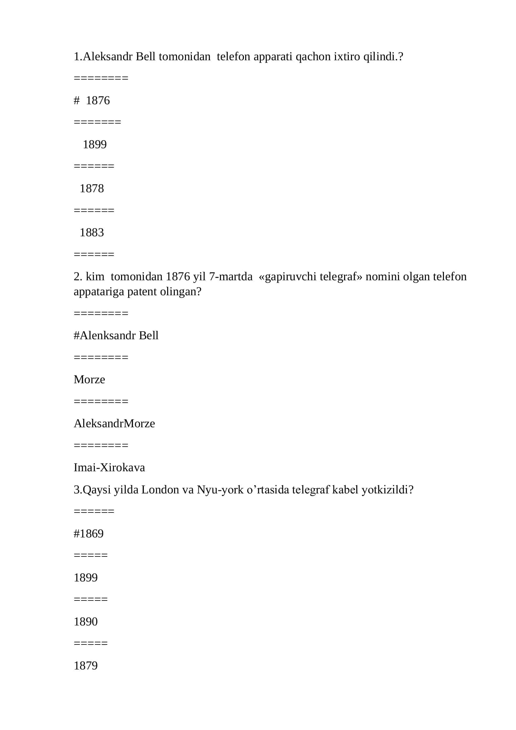 Axborot va kodlash nazariyasi test savollari javoblari