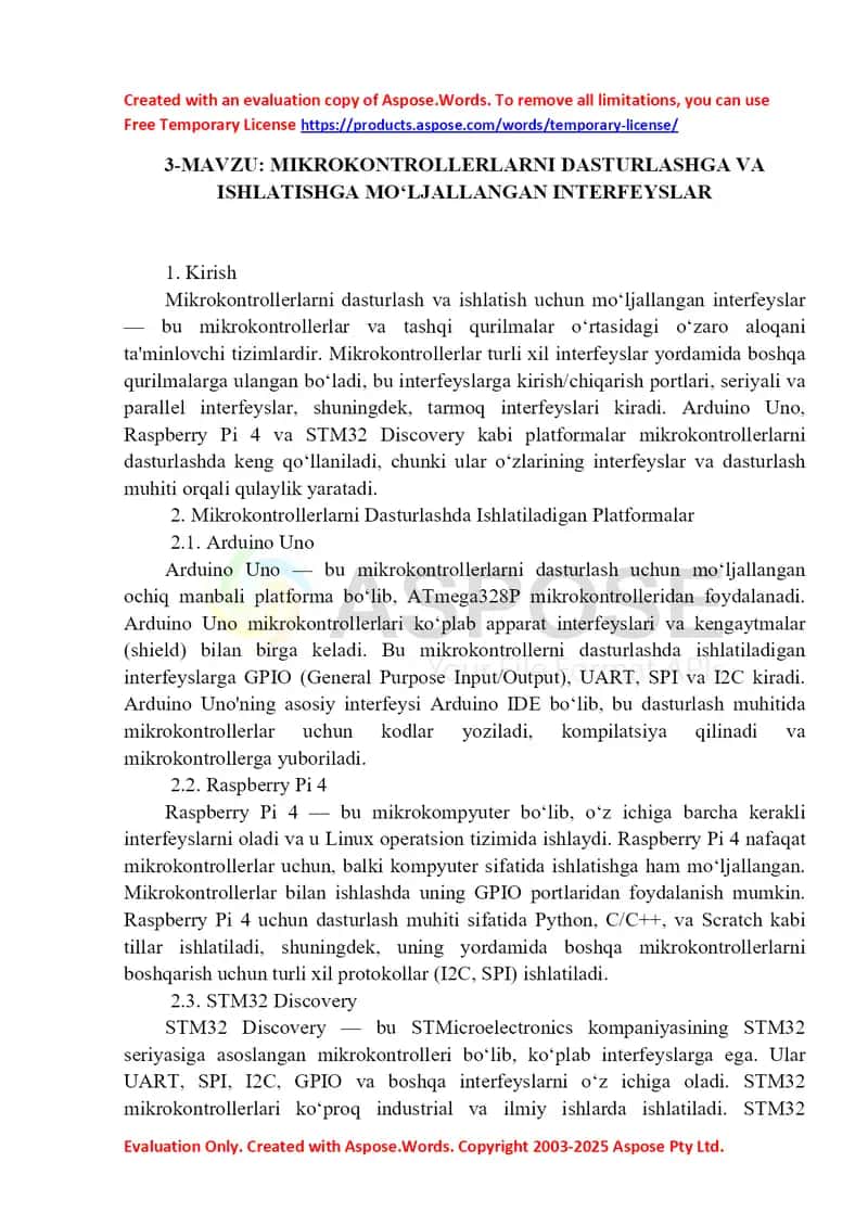 Mikrokontrollerlarni dasturlashga va ishlatishga mo‘ljallangan interfeyslar