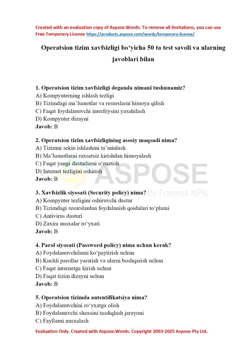 Operatsion tizim xavfsizligi bo‘yicha 50 ta test savoli va ularning javoblari bilan