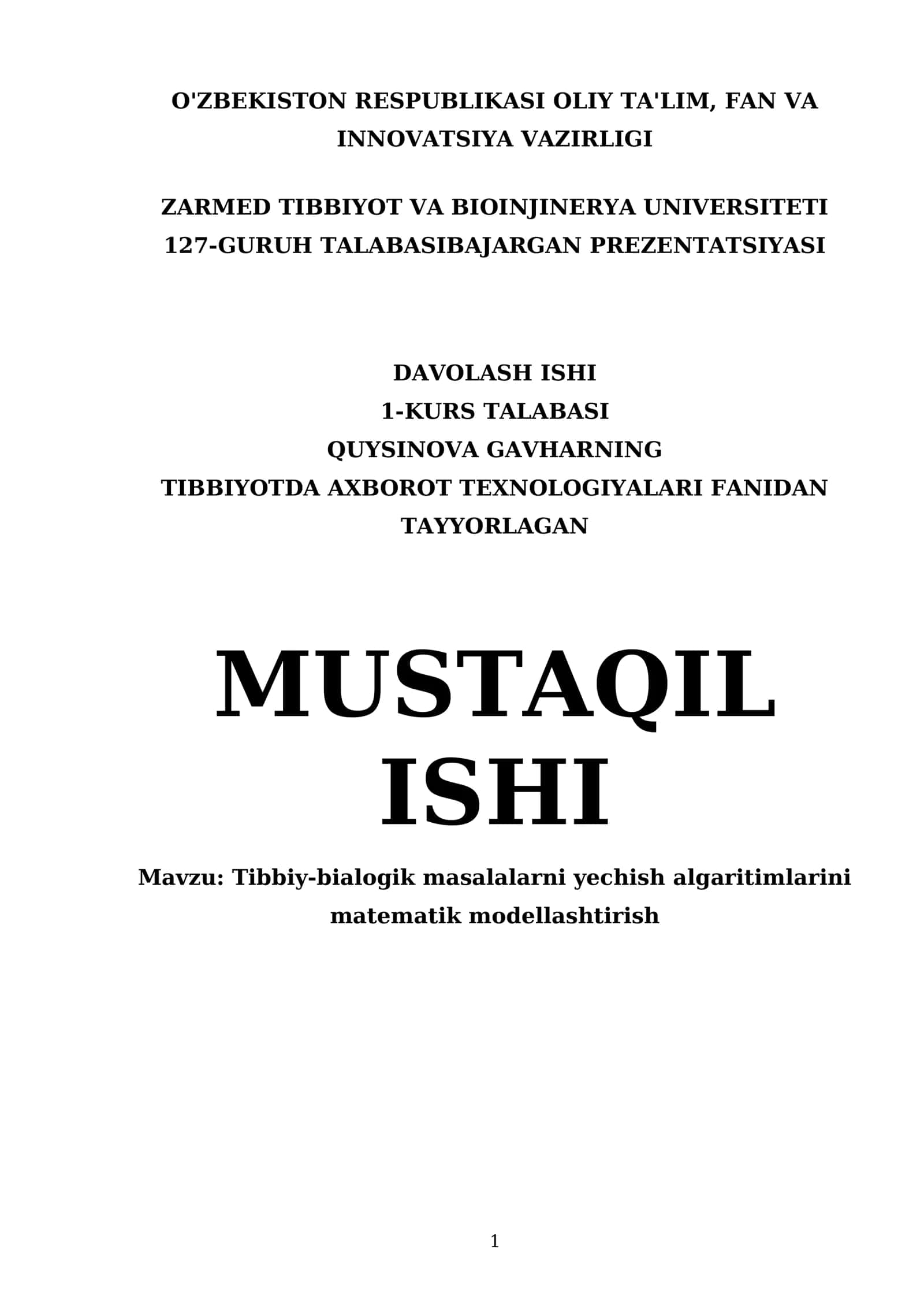 Tibbiy-bialogik masalalarni yechish algaritimlarini matematik modellashtirish