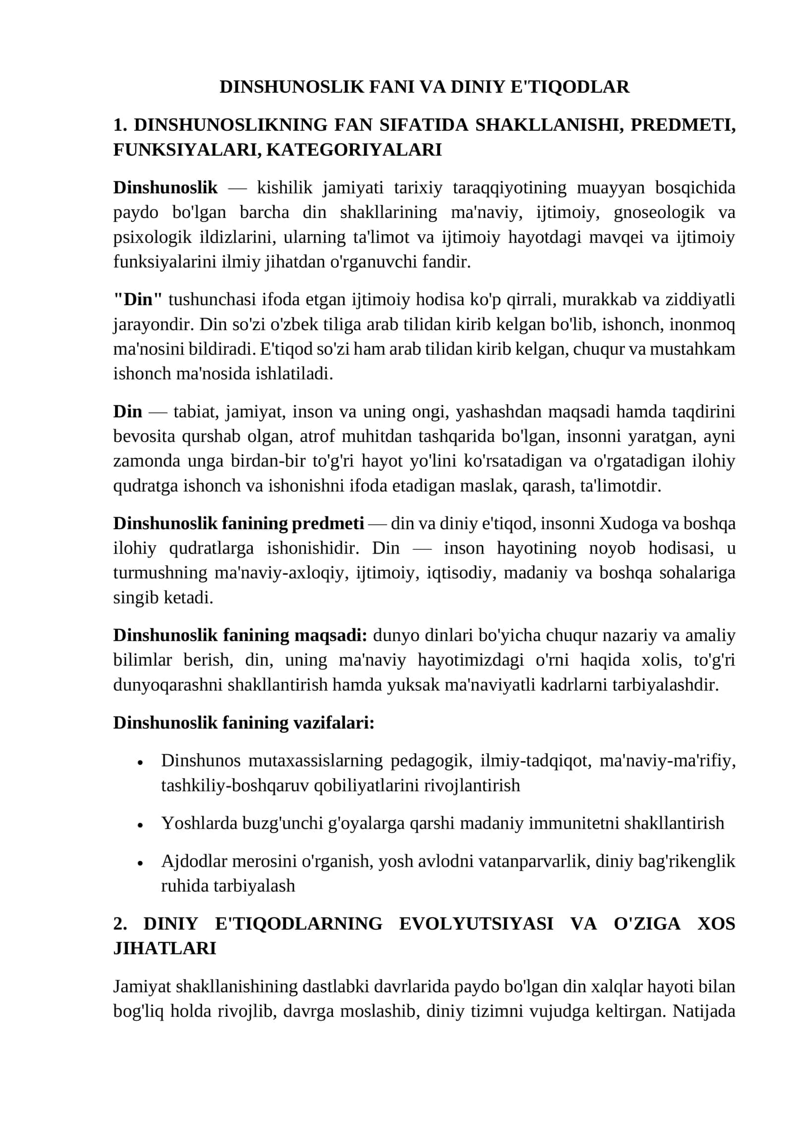Dinshunoslik Fani va Diniy E'tiqodlar