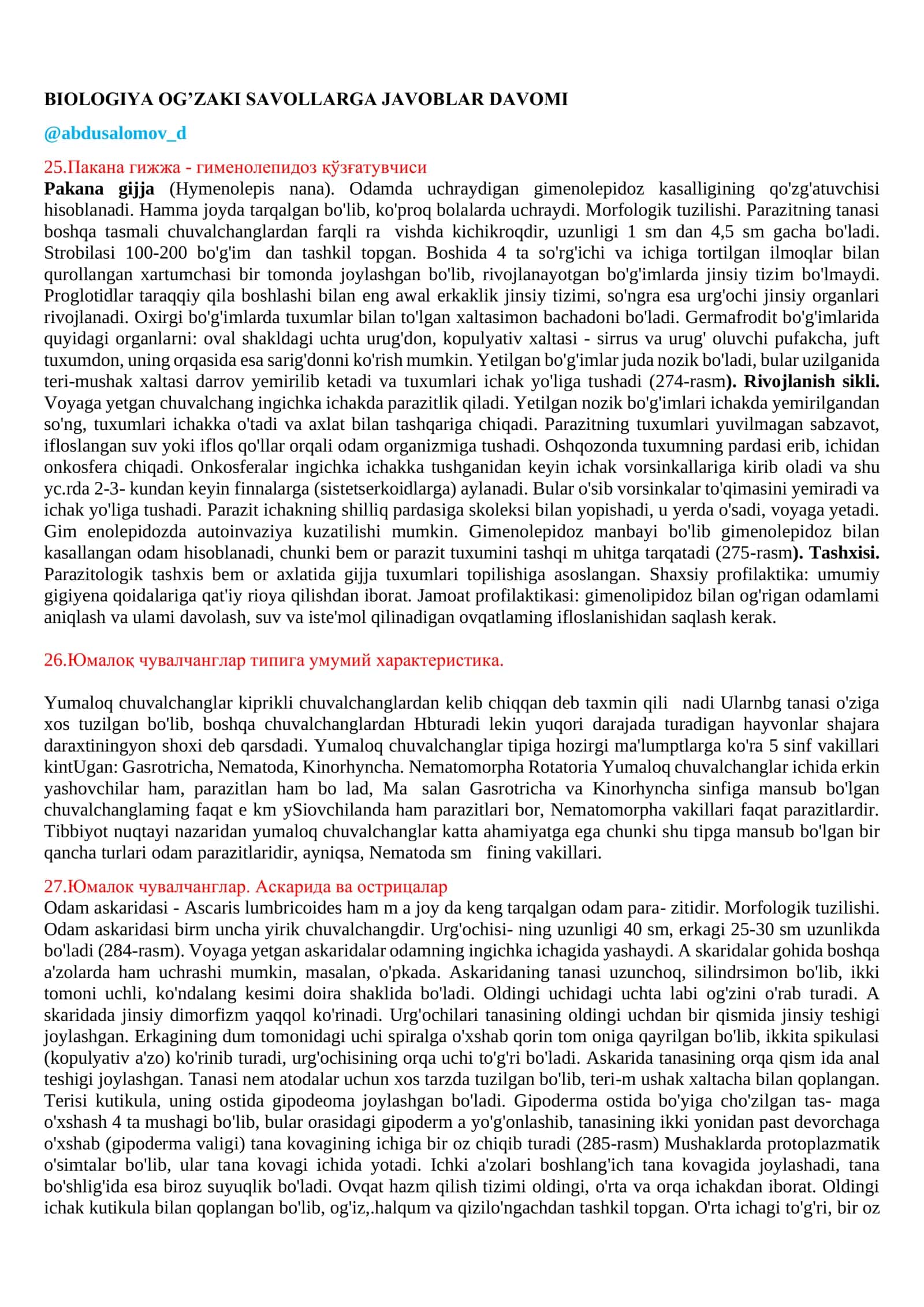 BIOLOGIYA OG’ZAKI SAVOLLARGA JAVOBLAR DAVOMI