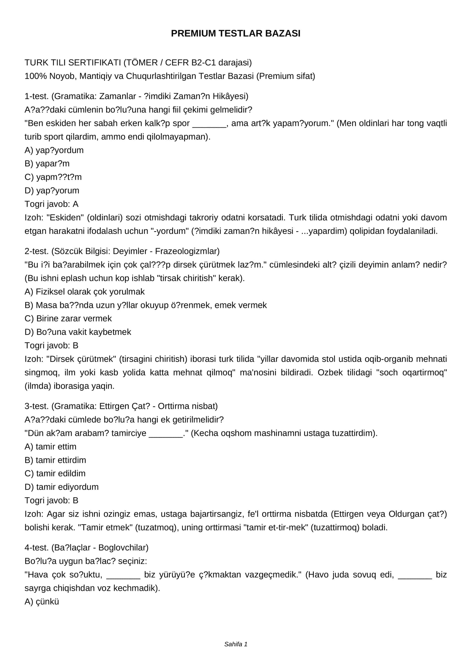 TURK TILI SERTIFIKATI (TÖMER / CEFR B2-C1 darajasi)
