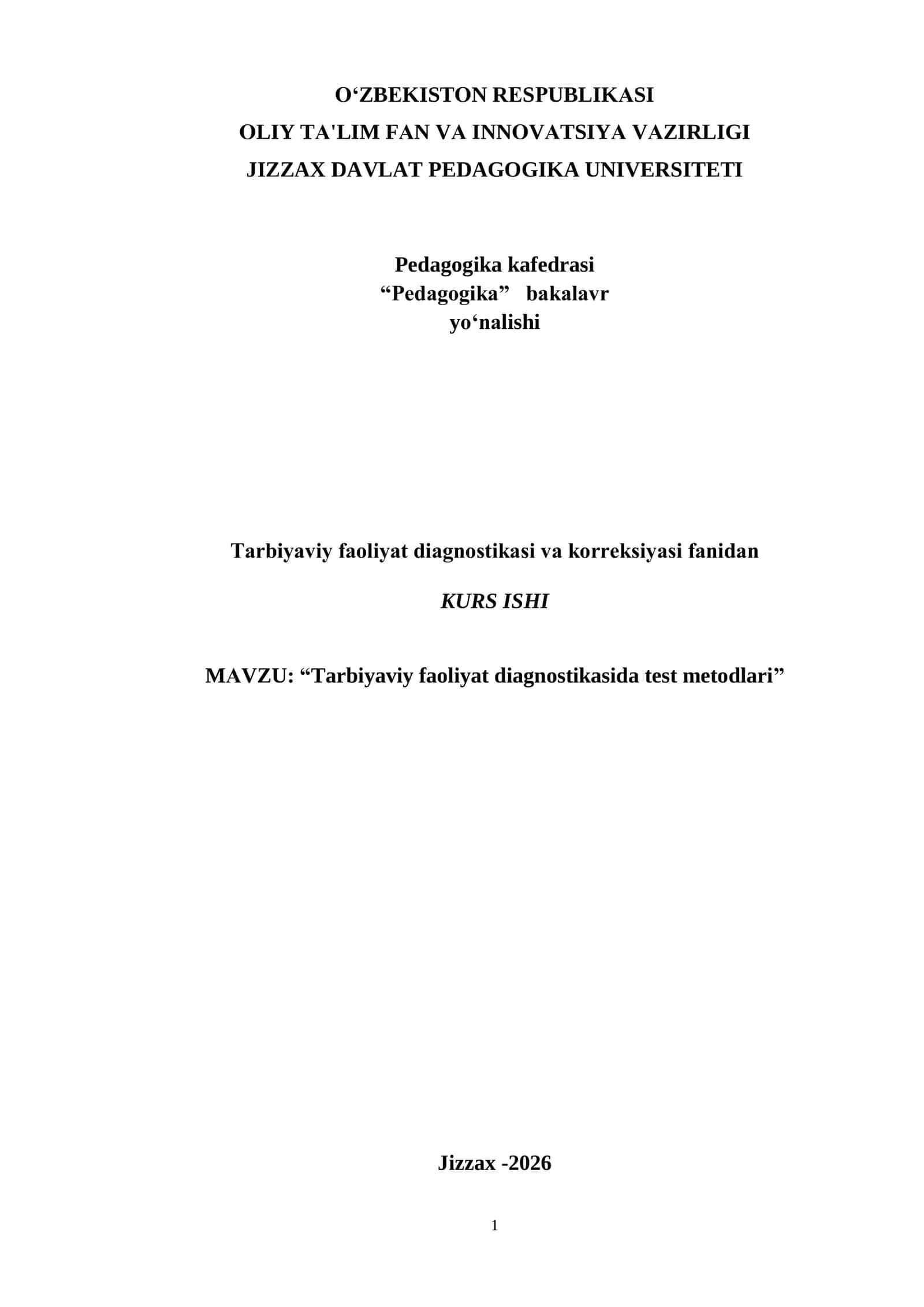 Tarbiyaviy faoliyat diagnostikasida test metodlari