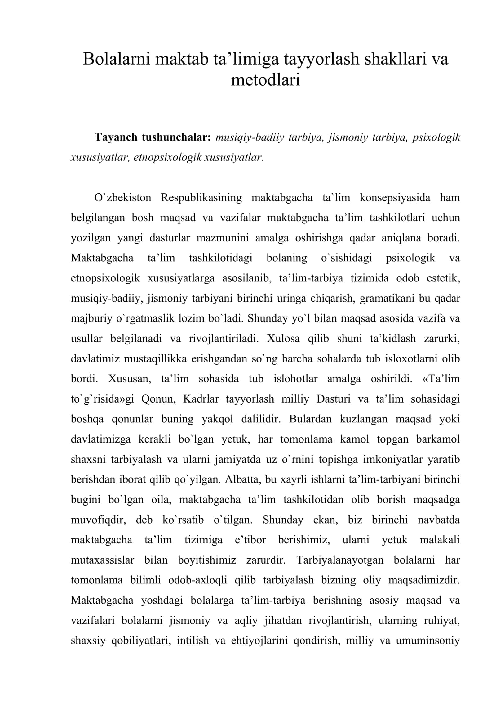 Bolalarni maktab ta’limiga tayyorlash shakllari va metodlari