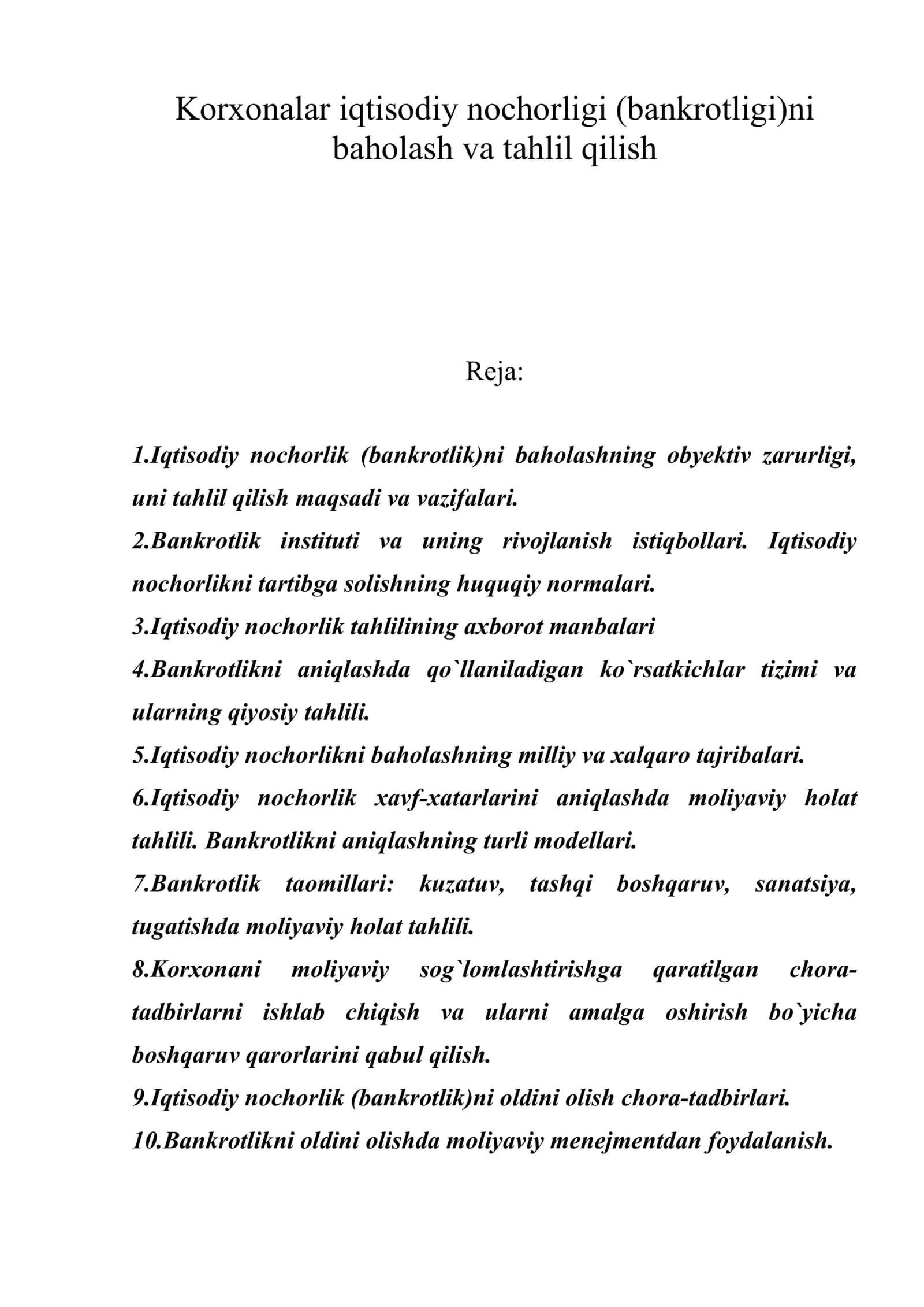 Korxonalar iqtisodiy nochorligi (bankrotligi)ni baholash va tahlil qilish