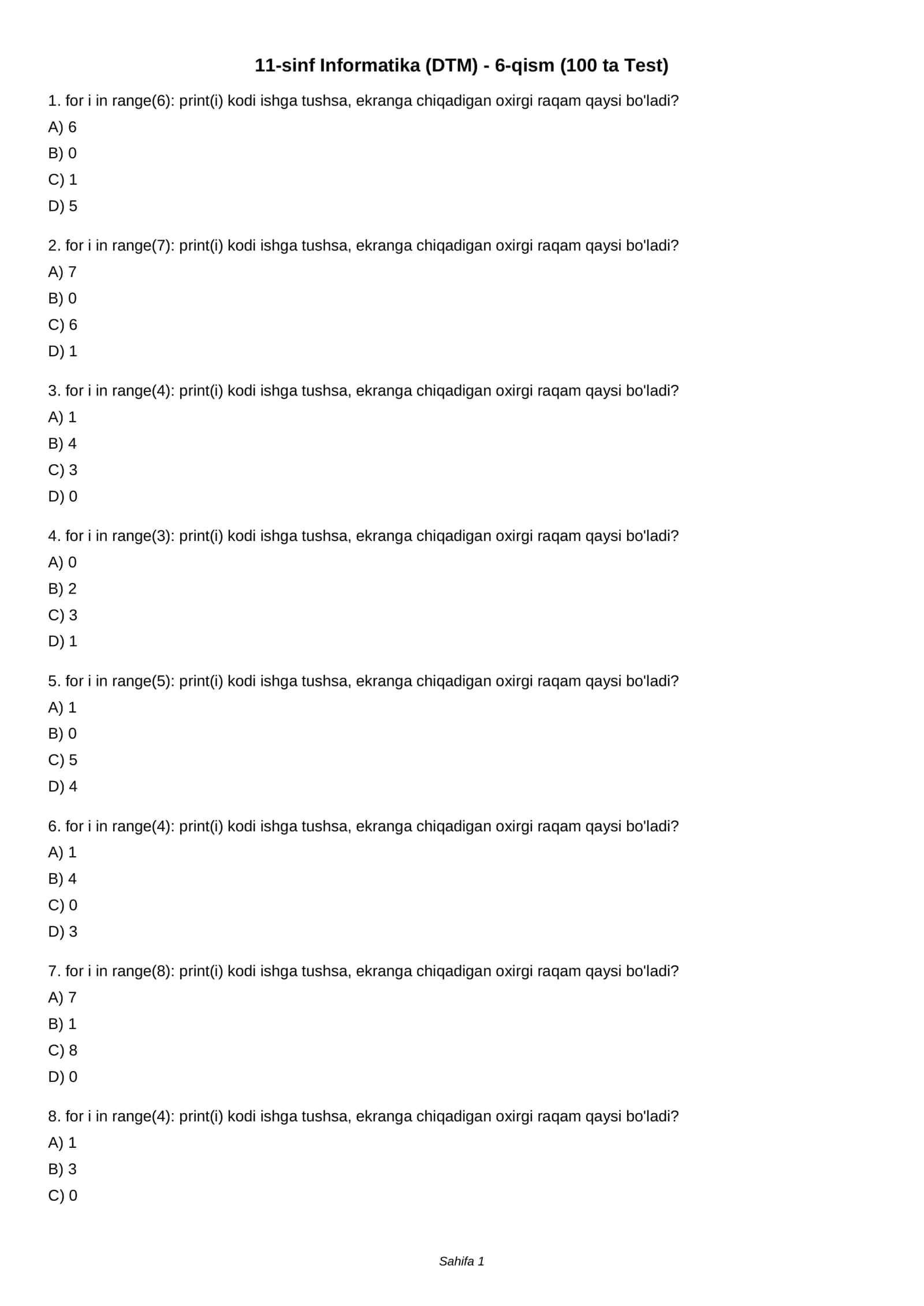 11-sinf Informatika (DTM) - 6-qism (100 ta Test)
