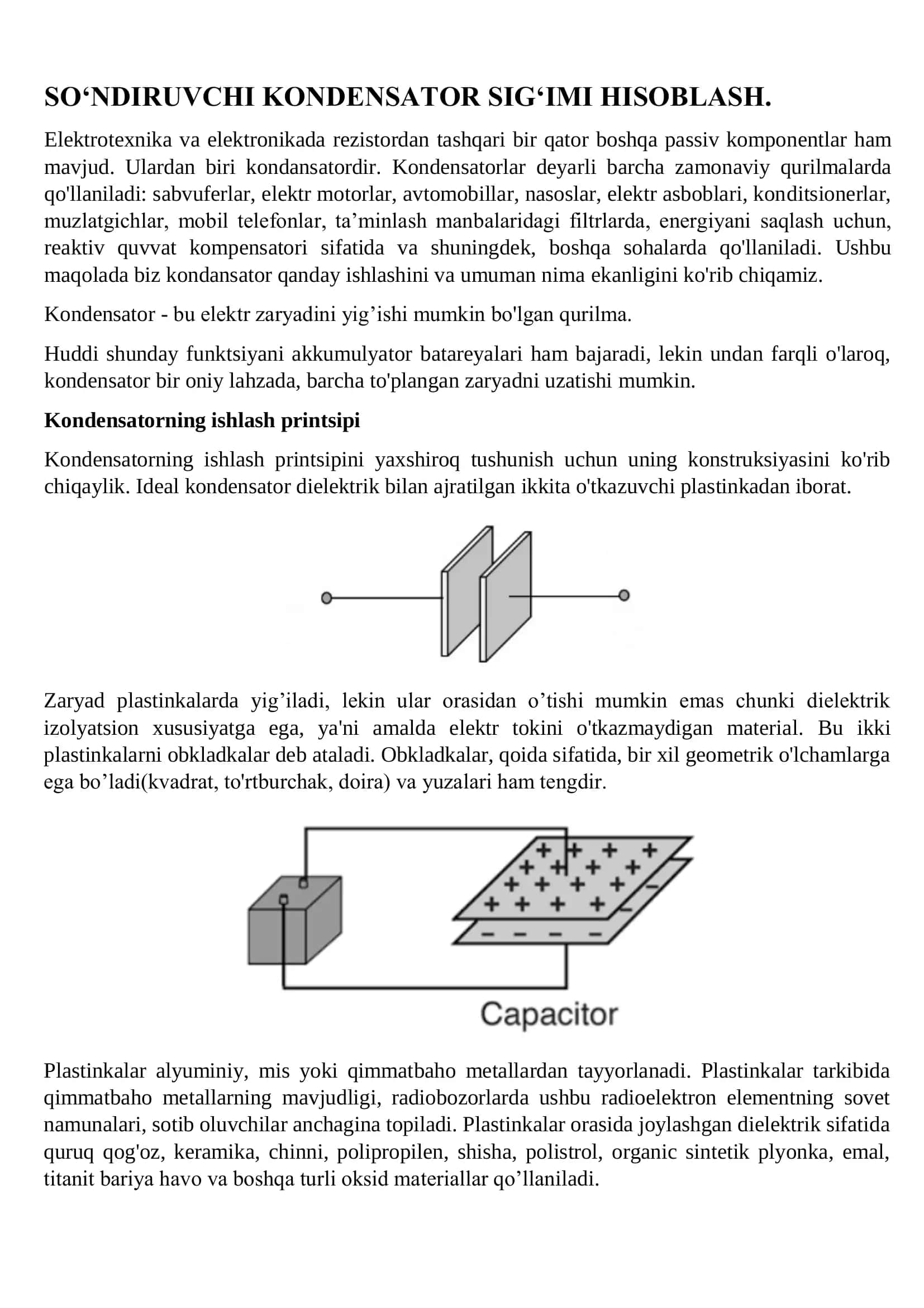 SO‘NDIRUVCHI KONDENSATOR SIG‘IMI HISOBLASH