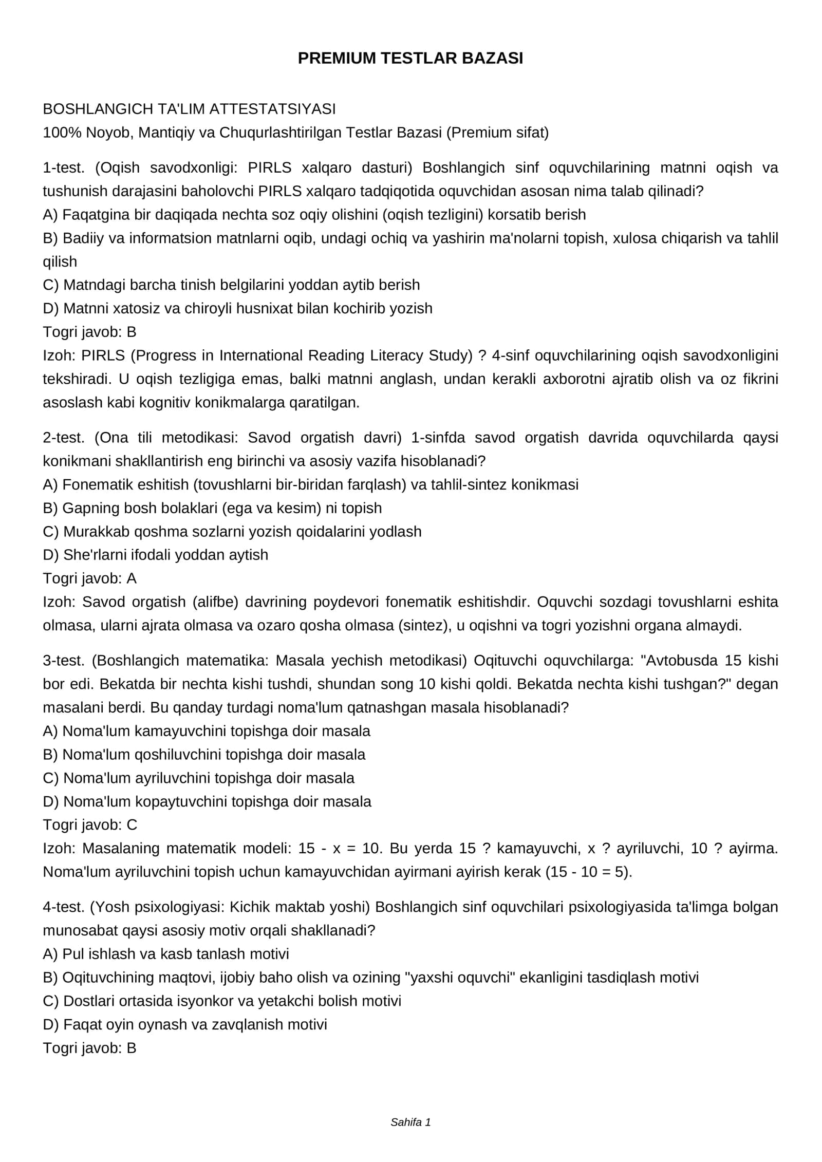 PREMIUM TESTLAR BAZASI