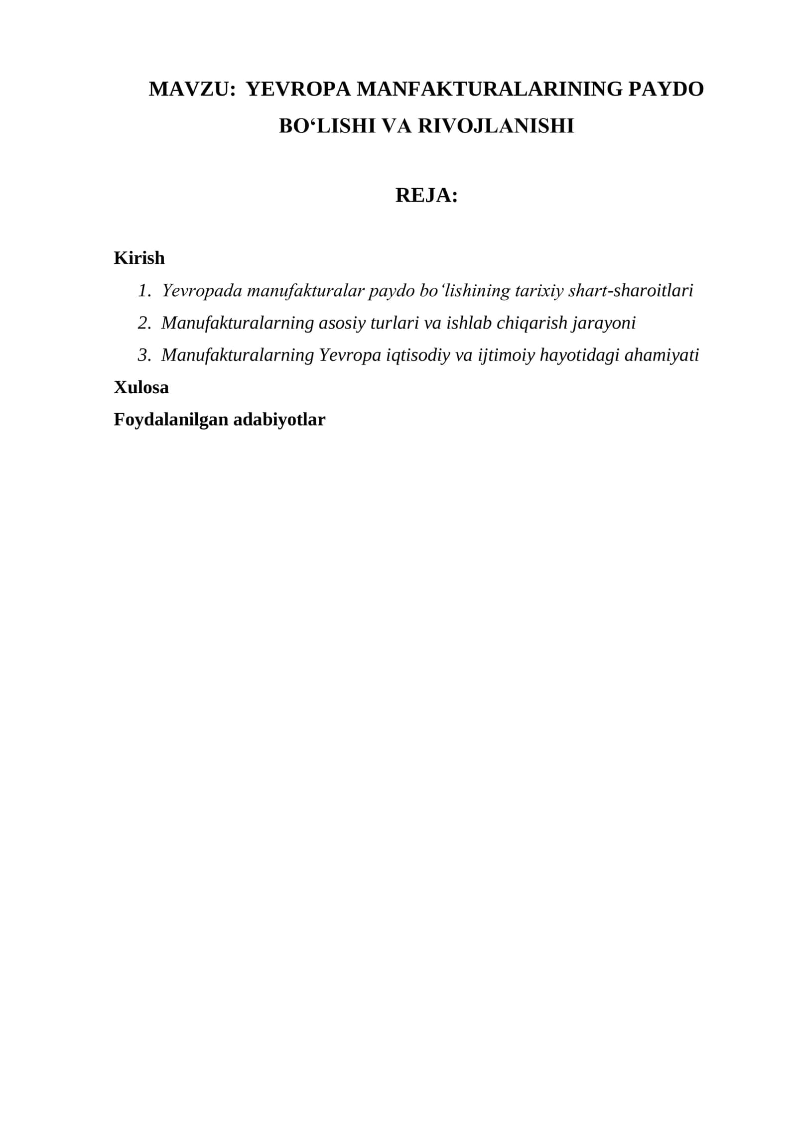 YEVROPA MANFAKTURALARINING PAYDO BOʻLISHI VA RIVOJLANISHI