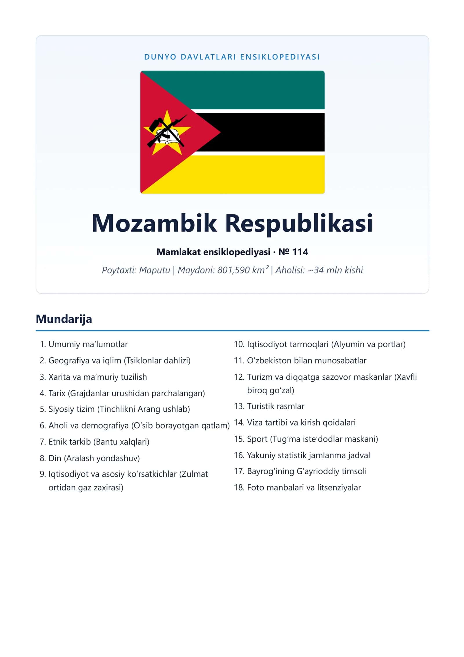 Mozambik Respublikasi Mamlakat ensiklopediyasi · № 114