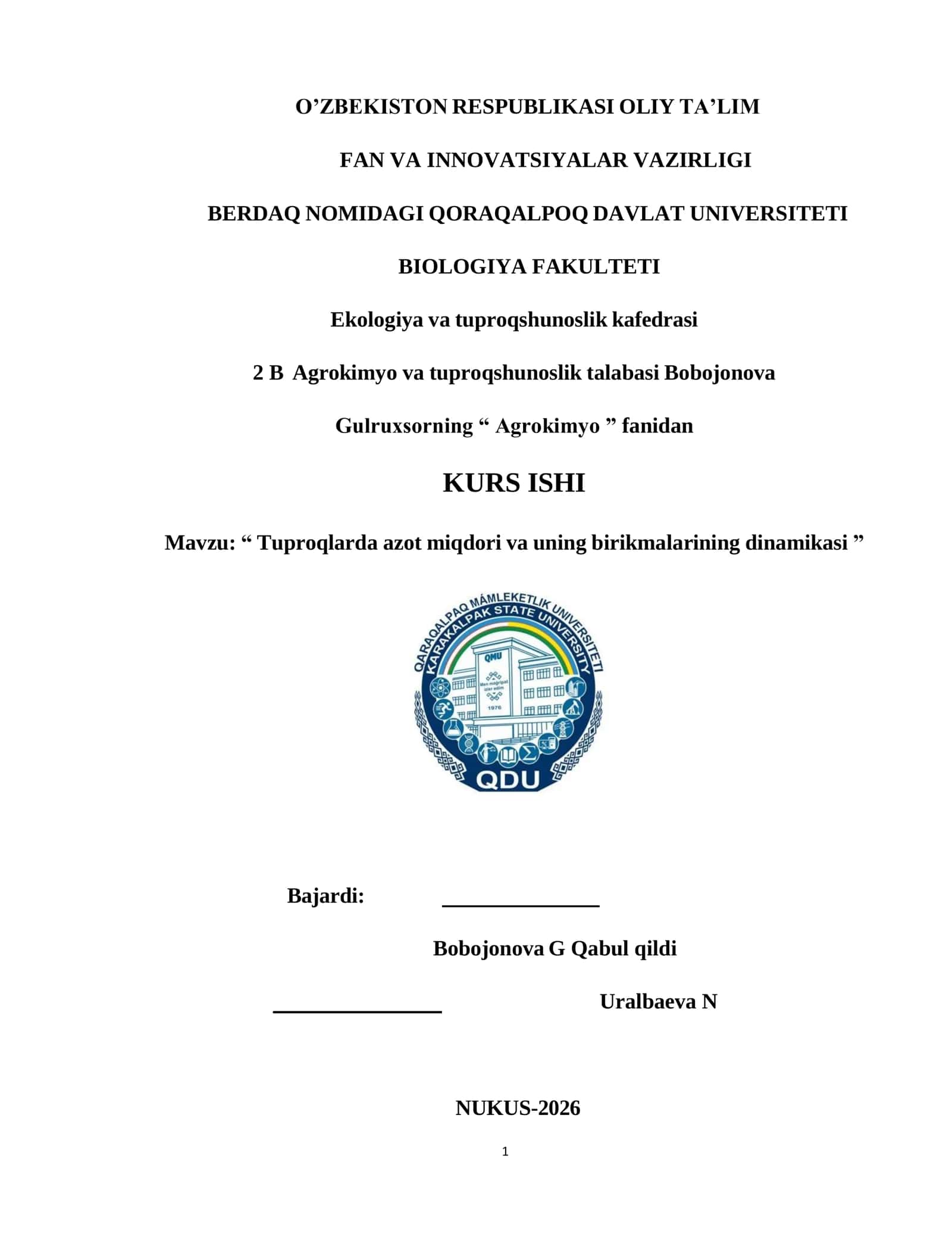 Tuproqlarda azot miqdori va uning birikmalarining dinamikasi