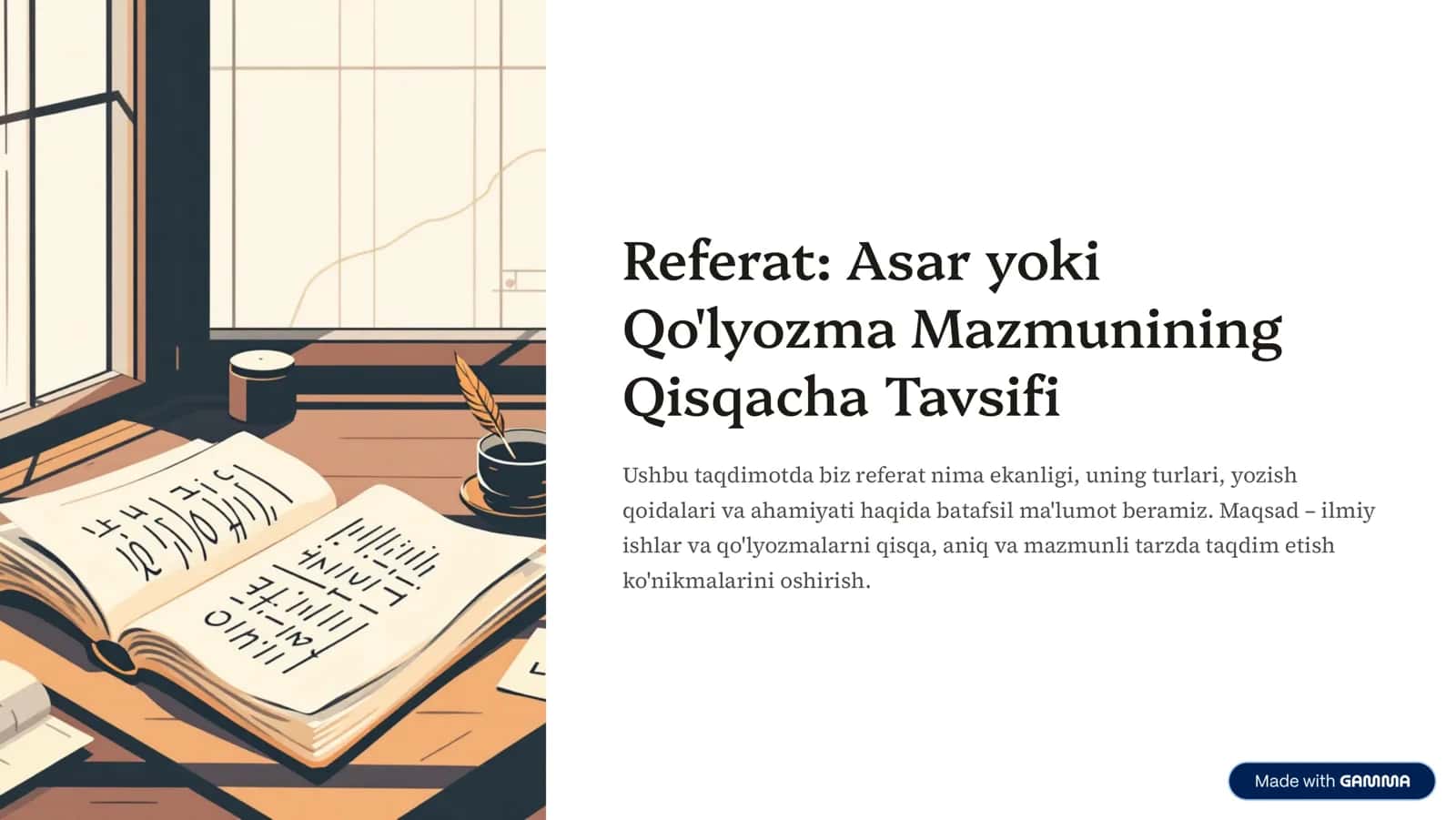 Referat: Asar yoki Qo'lyozma Mazmunining Qisqacha Tavsifi