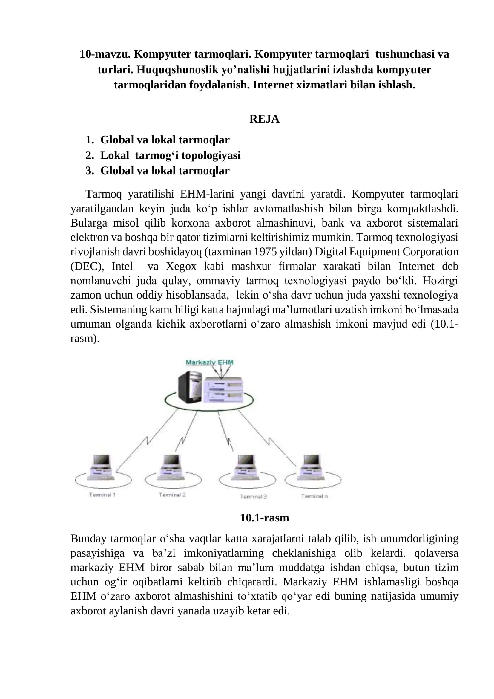 Kompyuter tarmoqlari. Kompyuter tarmoqlari tushunchasi va
turlari. Huquqshunoslik yo’nalishi