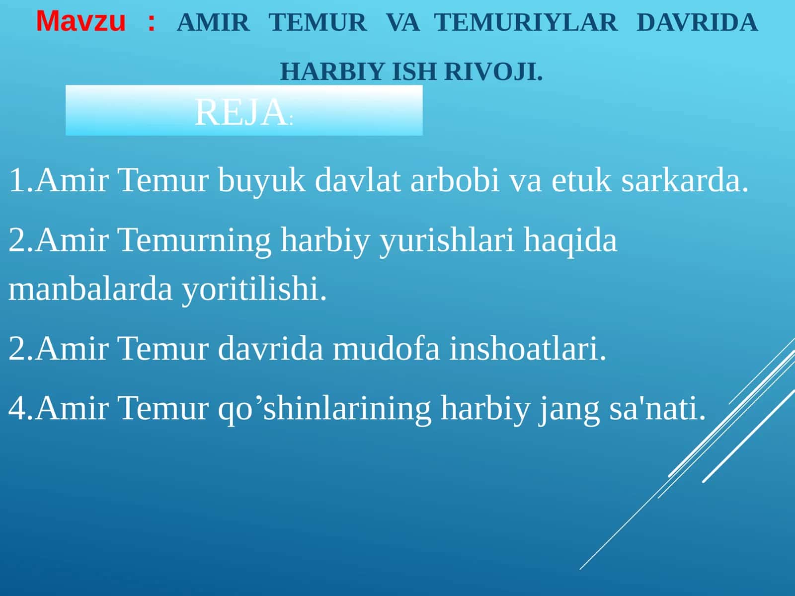 AMIR TEMUR VA TEMURIYLAR DAVRIDA HARBIY ISH RIVOJI