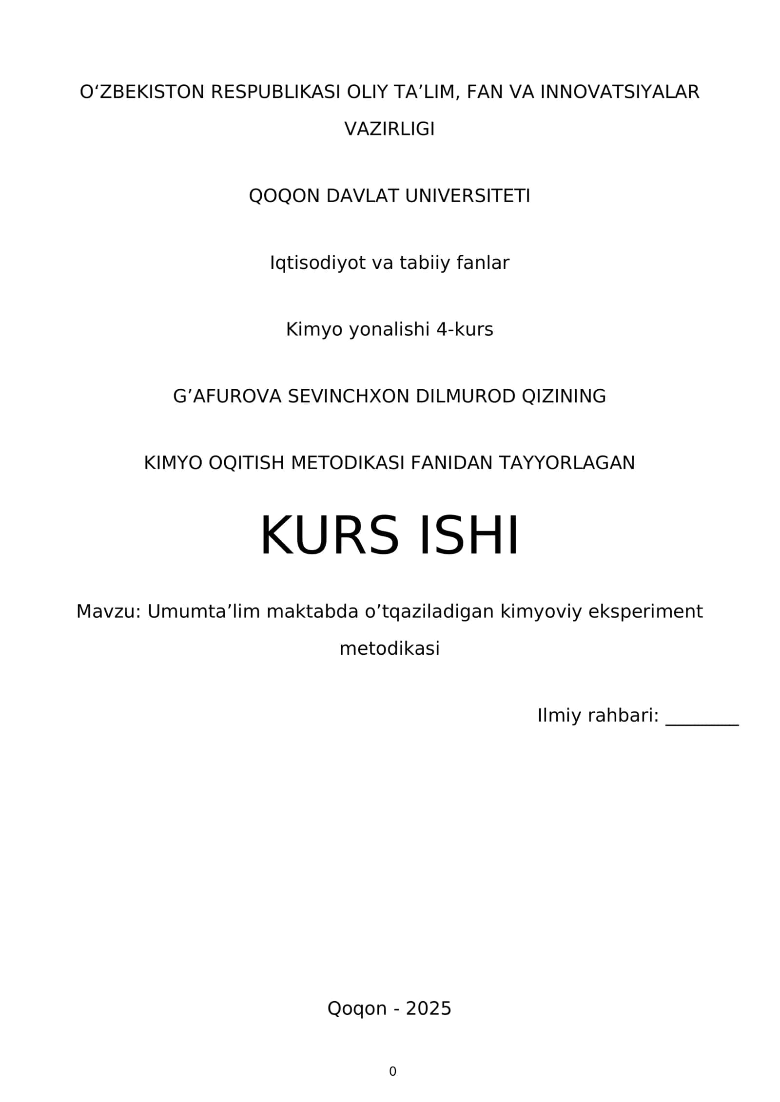 Umum taʼlim maktablarida kimyo fanini oʻqitish metodikasi 1