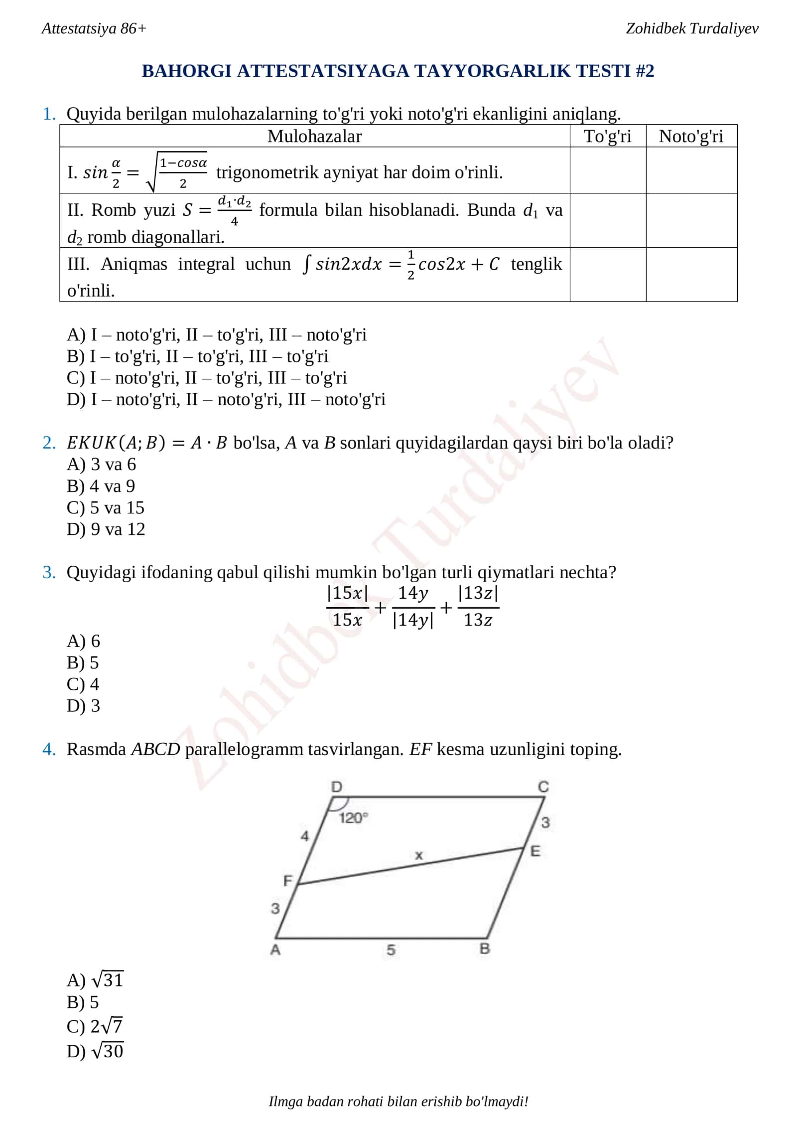 BAHORGI ATTESTATSIYAGA TAYYORGARLIK TESTI #2