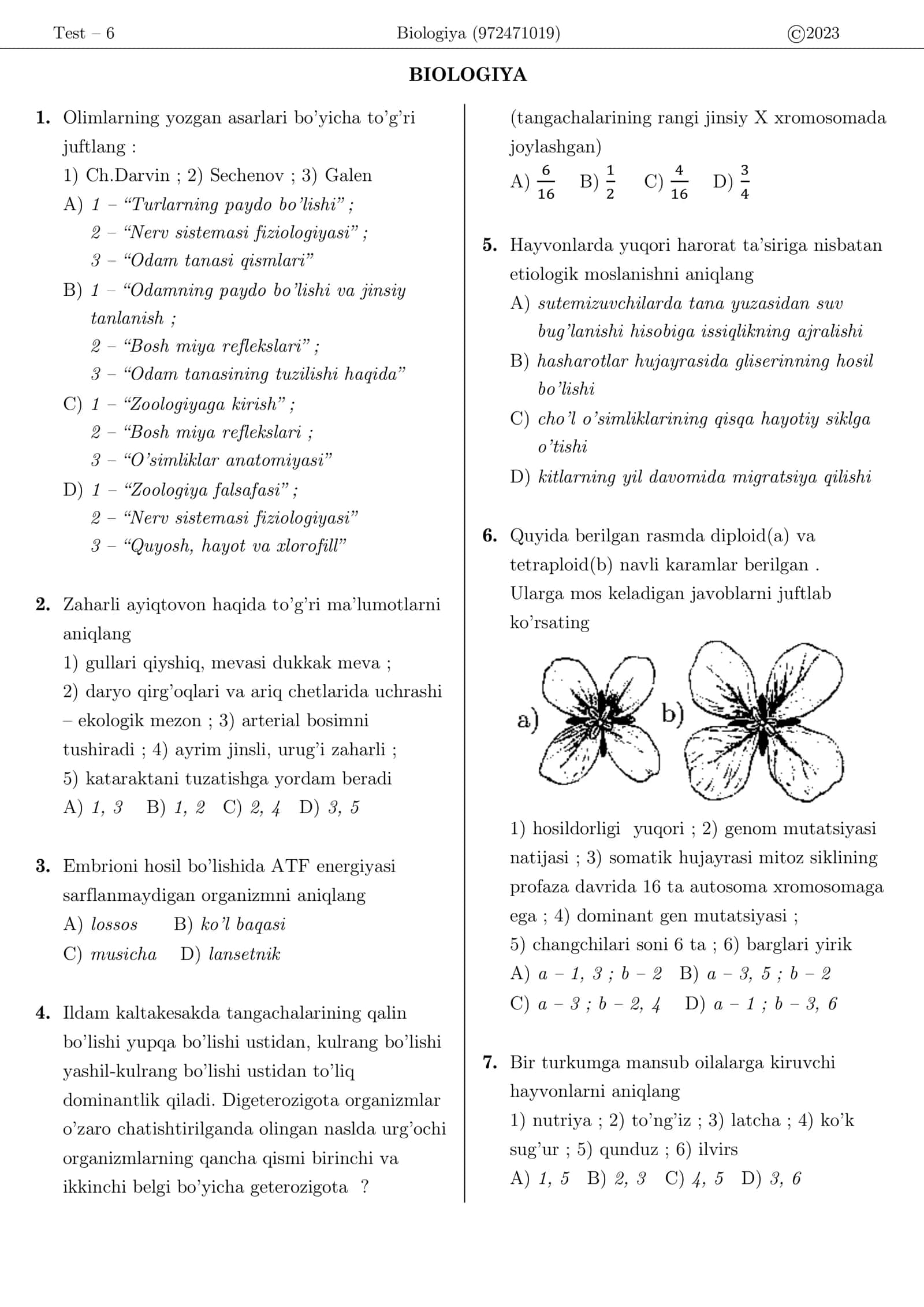 Test – 6 Biologiya