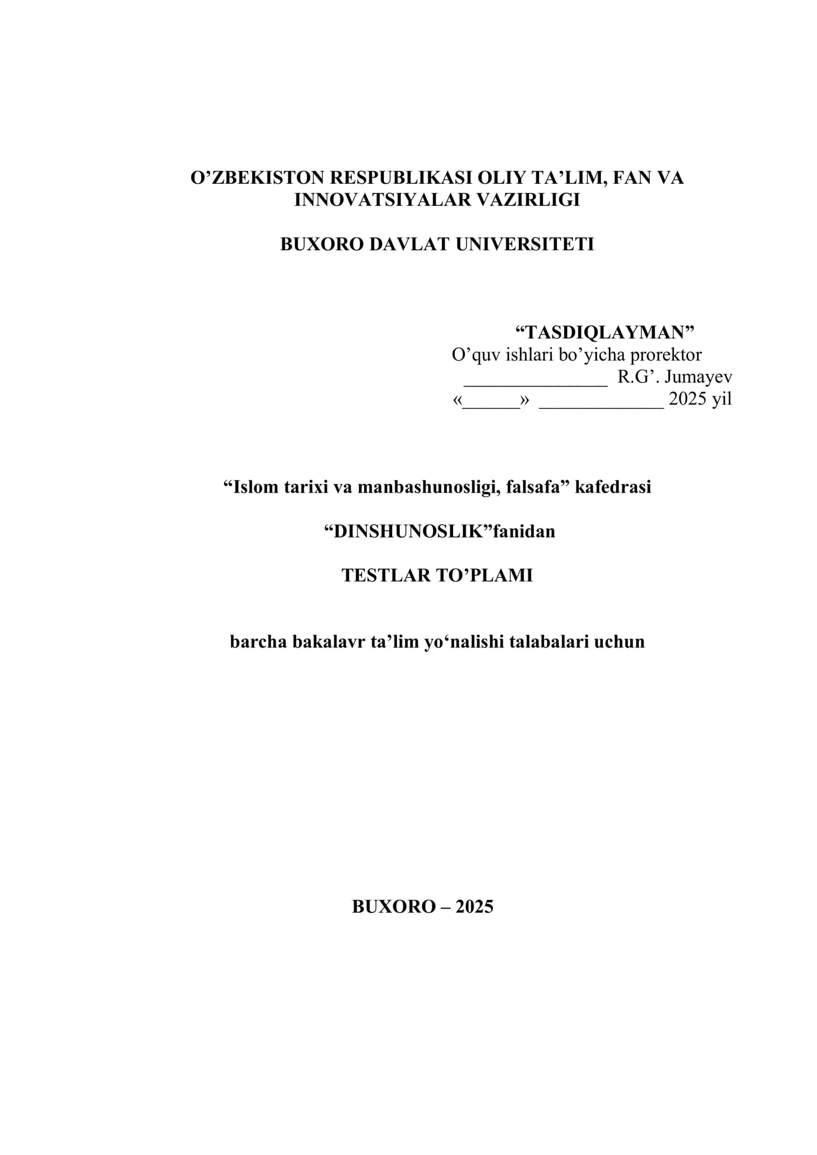 DINSHUNOSLIK fanidan TESTLAR TO’PLAMI