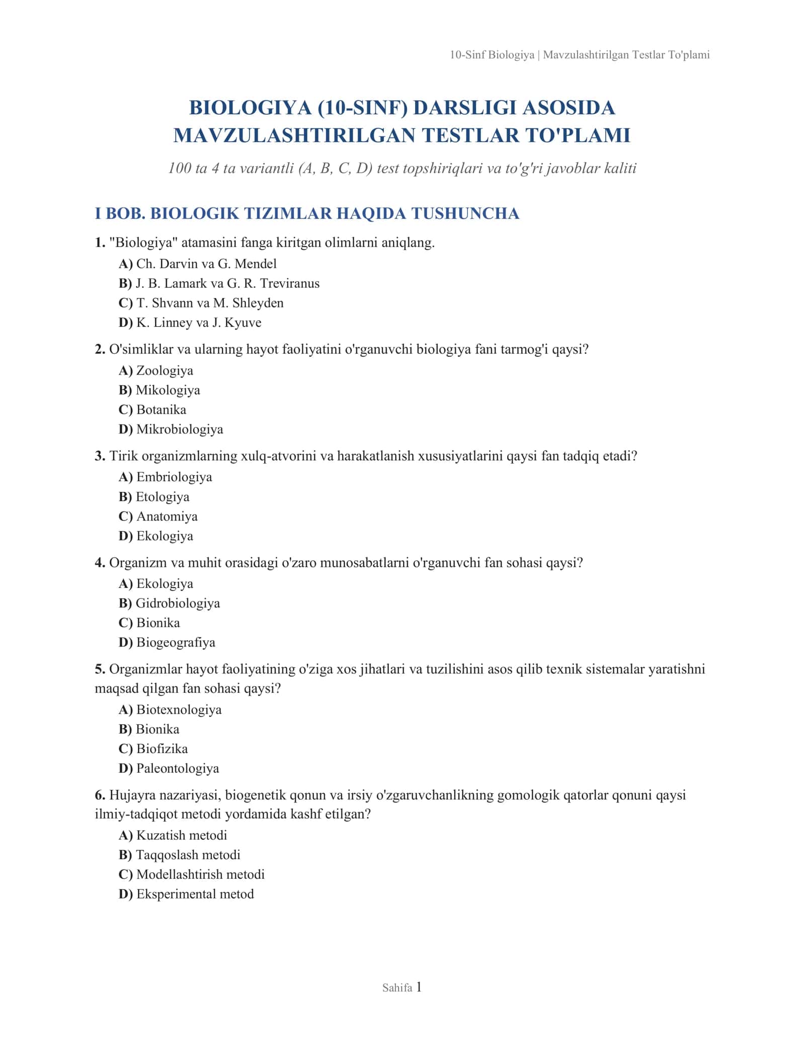 BIOLOGIYA (10-SINF) DARSLIGI ASOSIDA