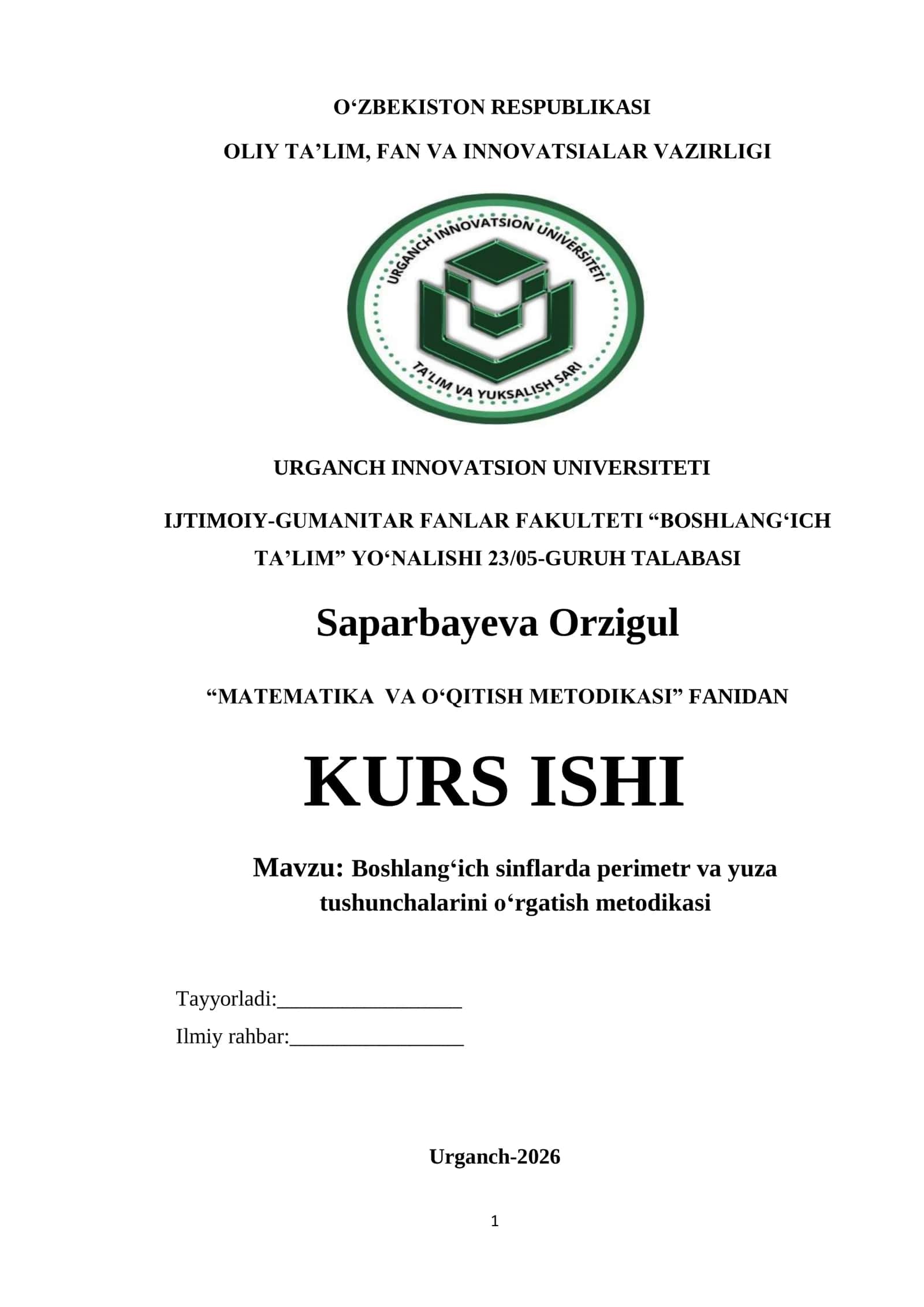 Boshlang‘ich sinflarda perimetr va yuza tushunchalarini o‘rgatish metodikasi