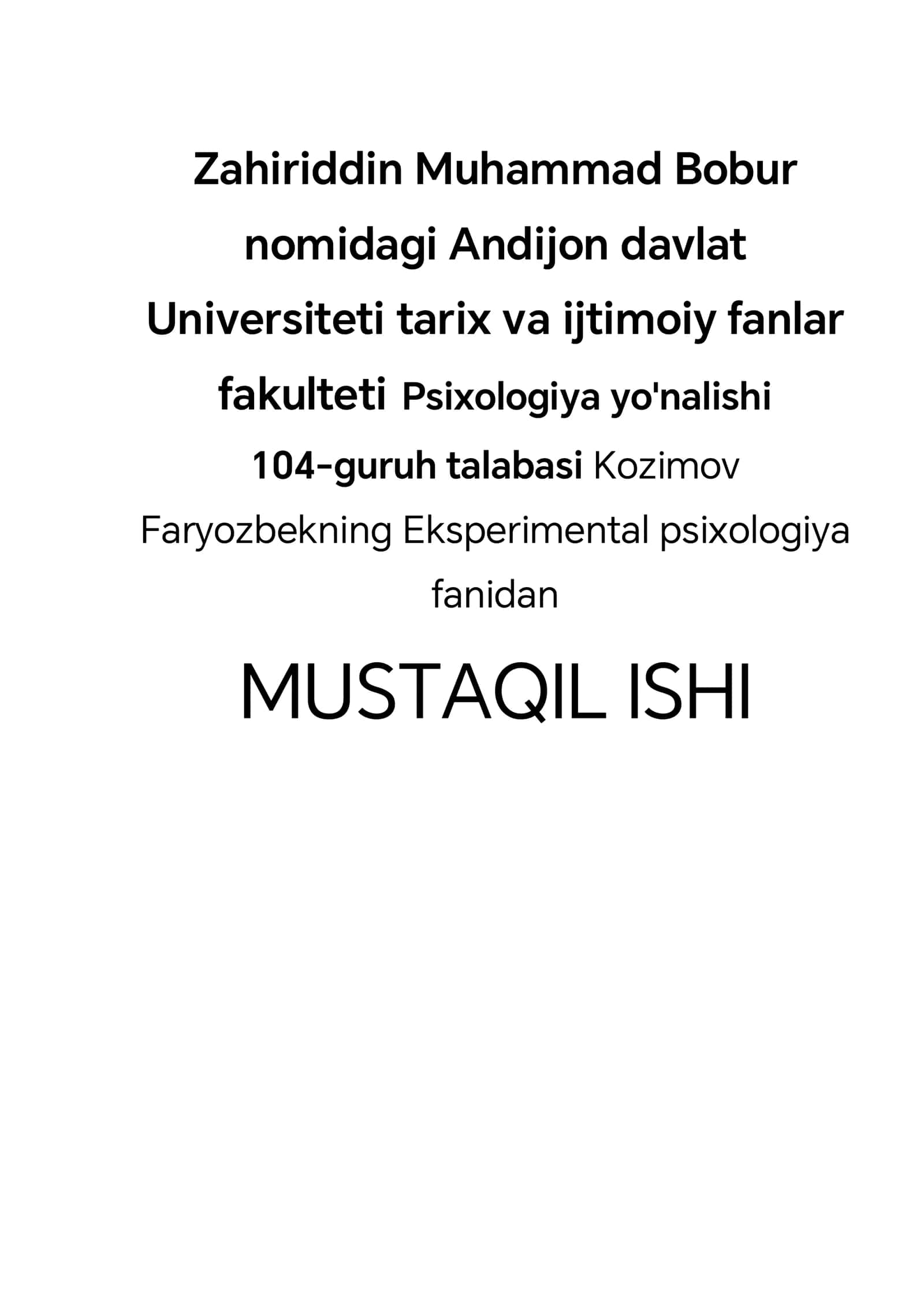 Eksperimental psixologiya fanidan MUSTAQIL ISHI
