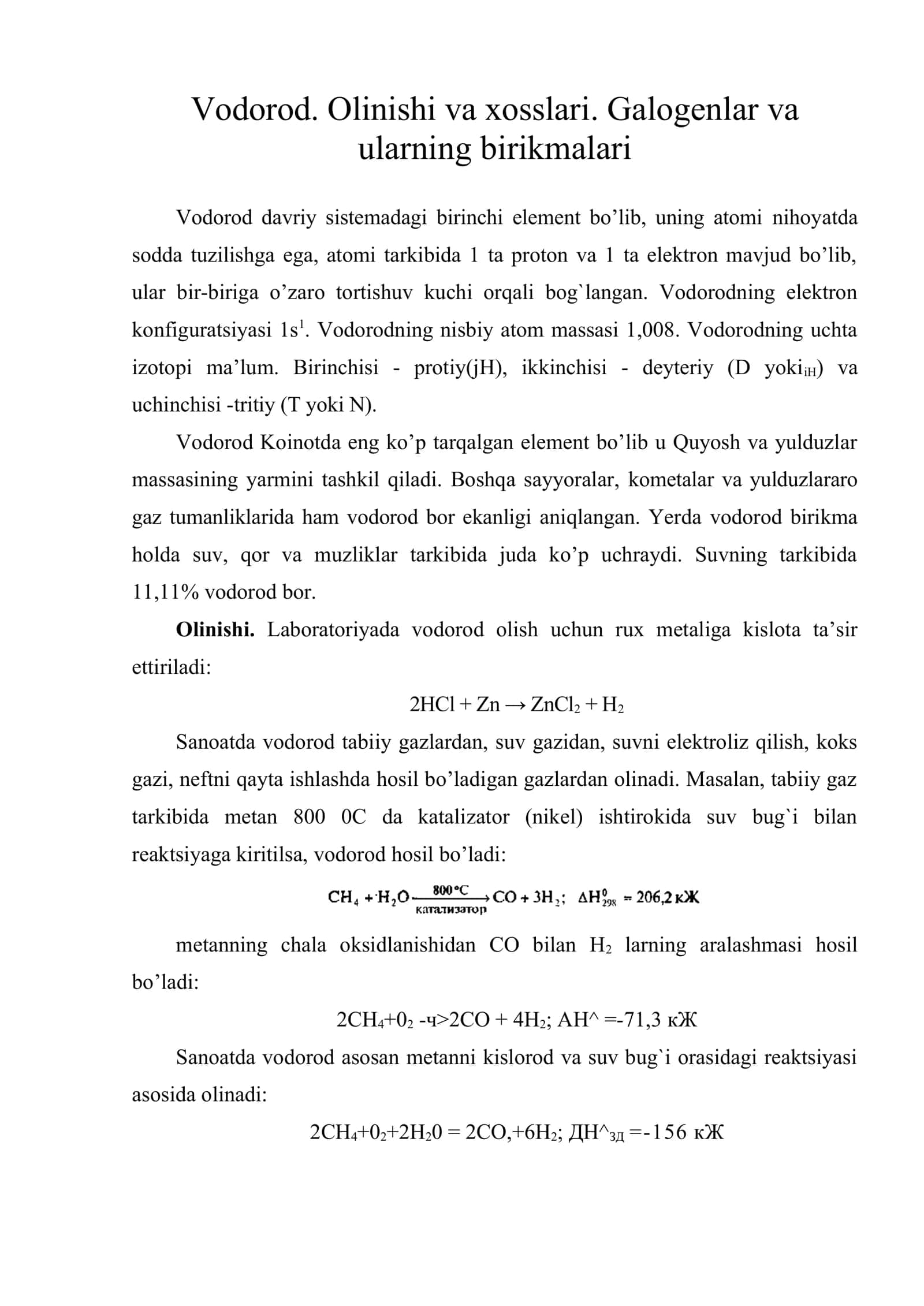 Vodorod. Olinishi va xosslari. Galogenlar va ularning birikmalari