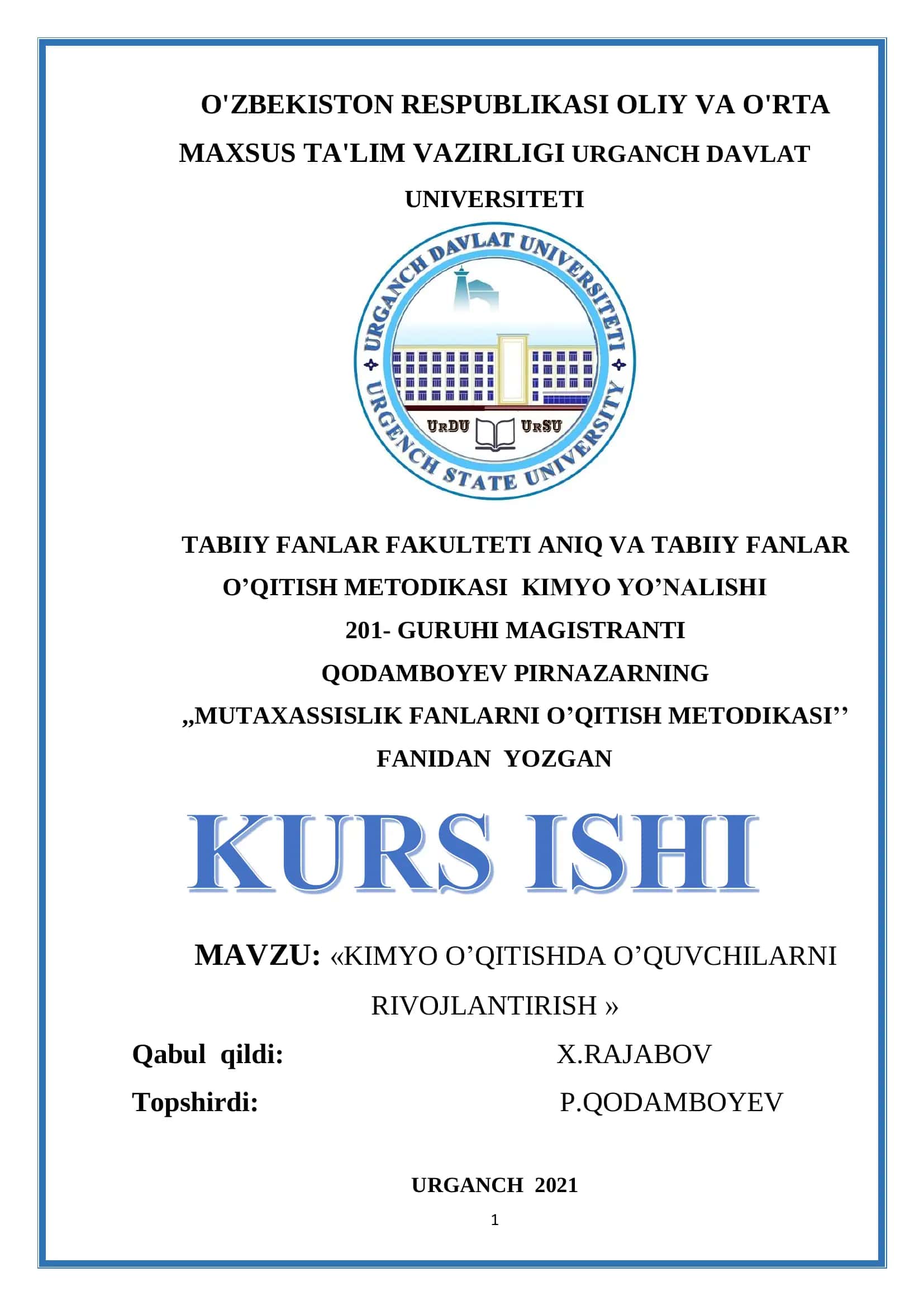 KIMYO O’QITISHDA O’QUVCHILARNI RIVOJLANTIRISH