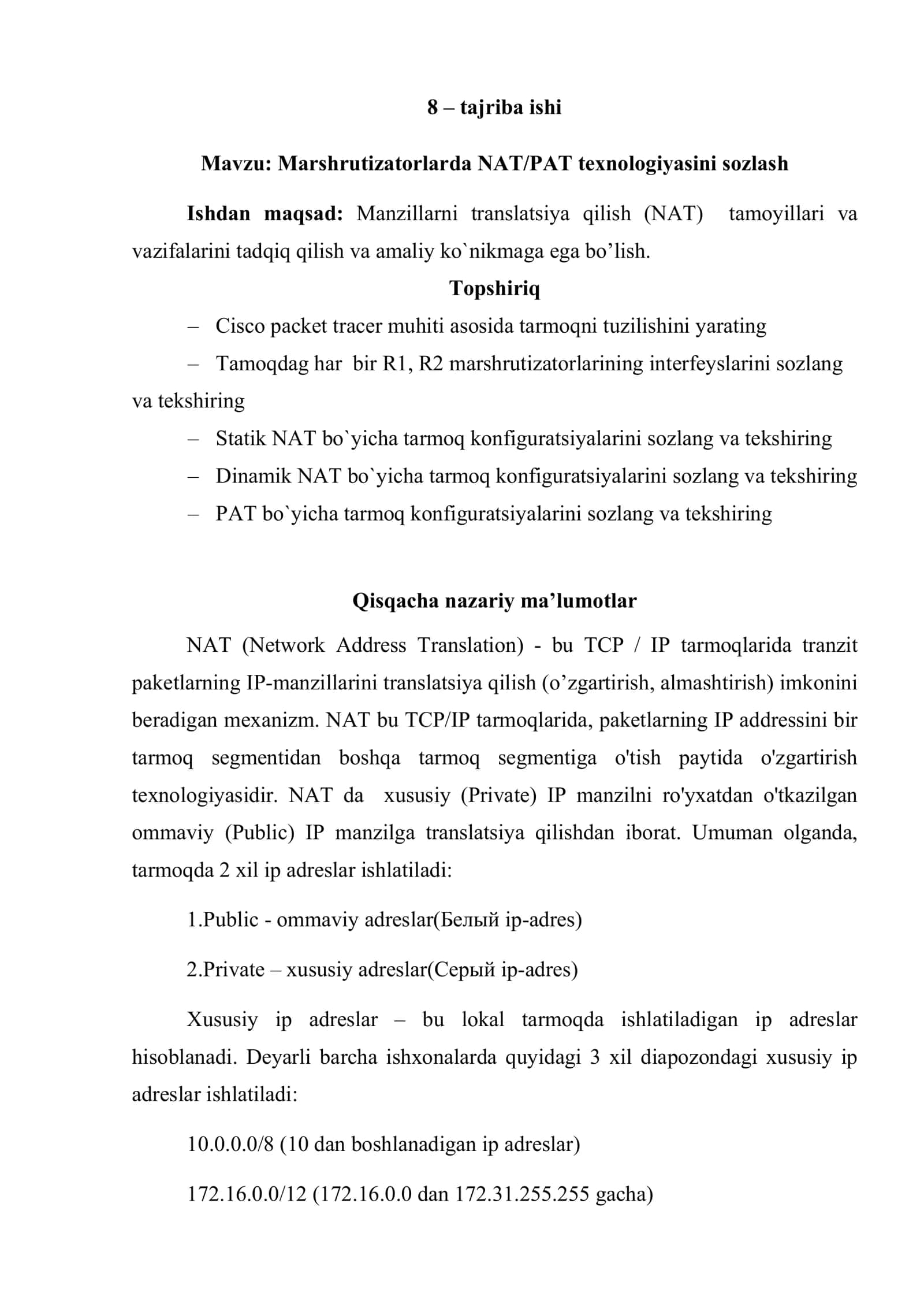 Marshrutizatorlarda NAT/PAT texnologiyasini sozlash