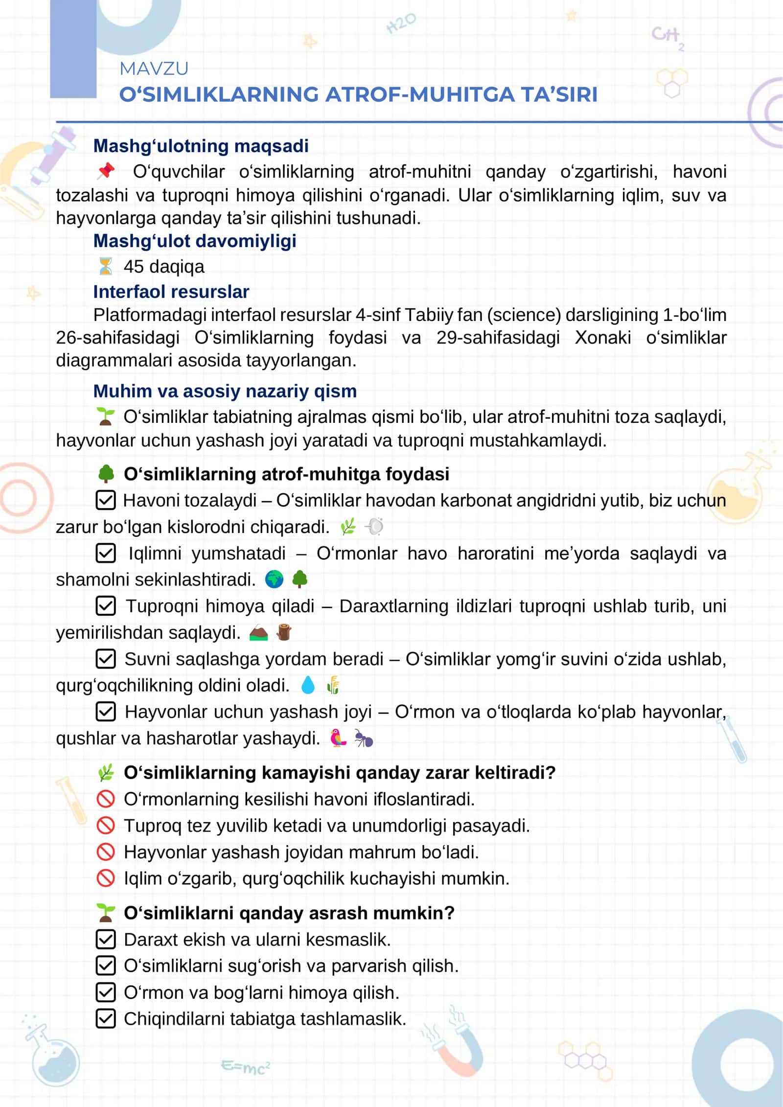 O‘simliklarning atrof-muhitga taʼsiri dars ishlanma