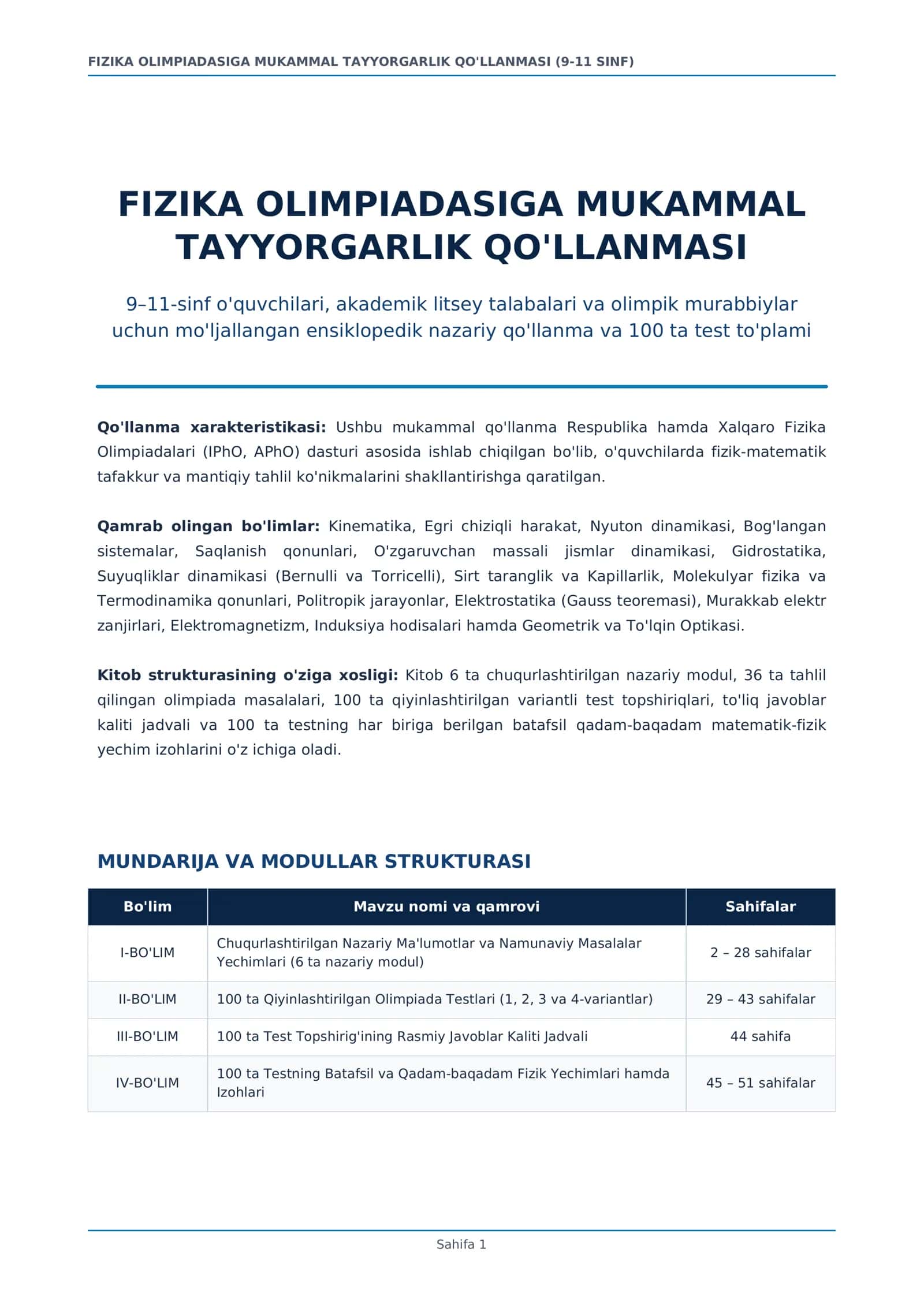 FIZIKA OLIMPIADASIGA MUKAMMAL TAYYORGARLIK QO'LLANMASI (9-11 SINF)