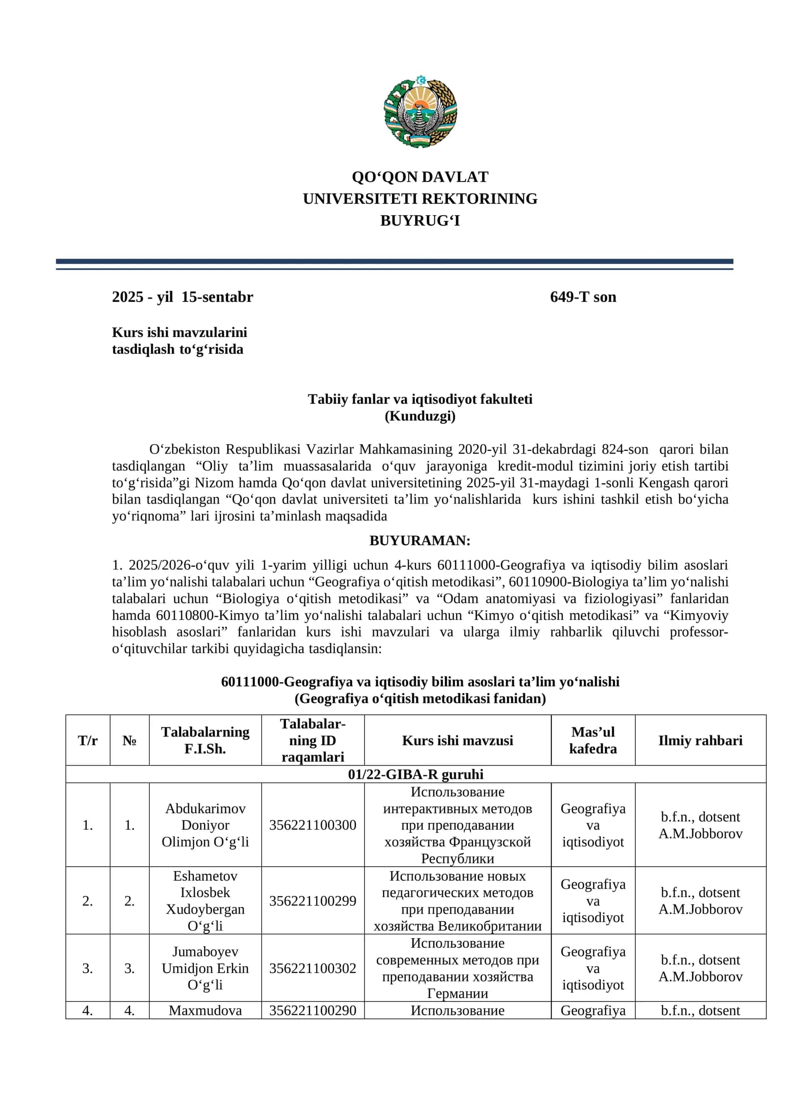 Kurs ishi mavzularini tasdiqlash