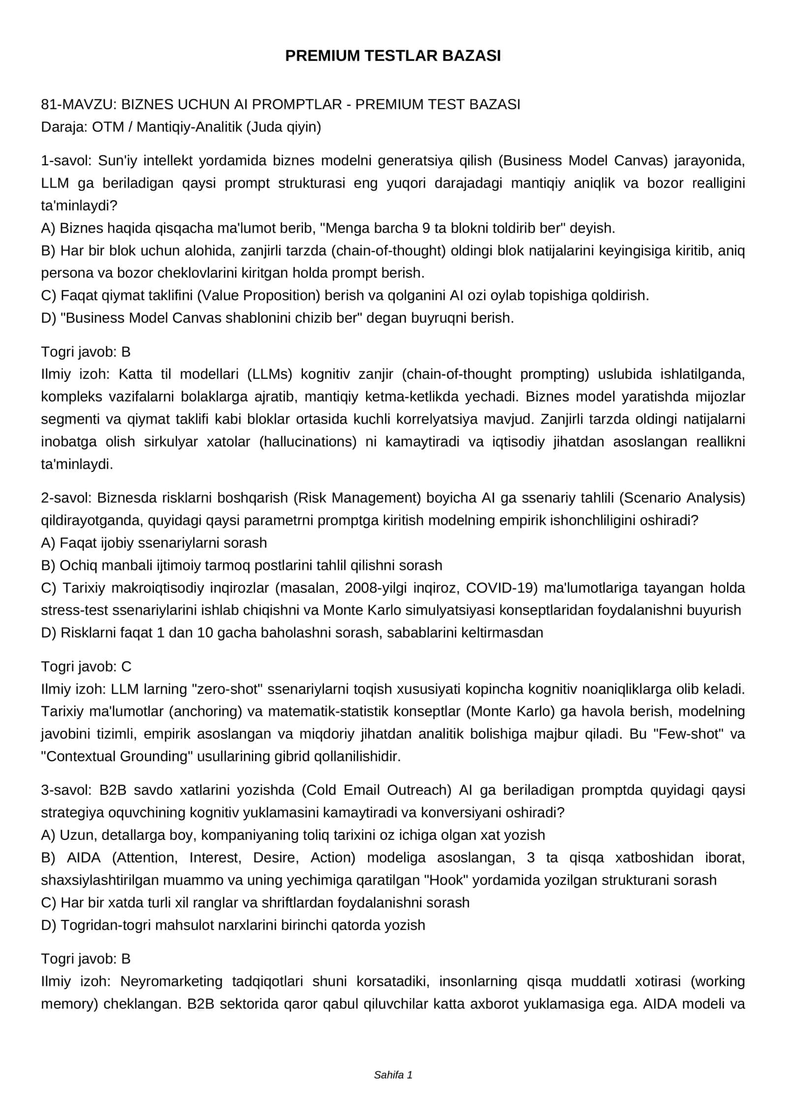 BIZNES UCHUN AI PROMPTLAR - PREMIUM TEST BAZASI