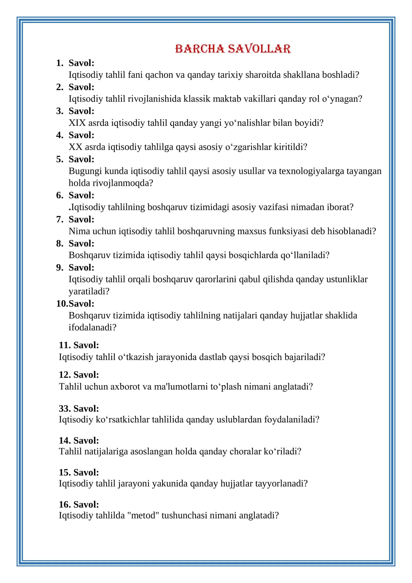 Iqtisodiy Tahlil savol va javob