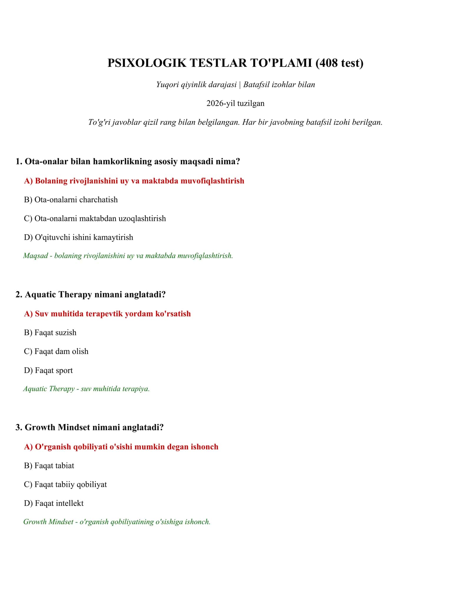 PSIXOLOGIK TESTLAR TO'PLAMI (408 test)