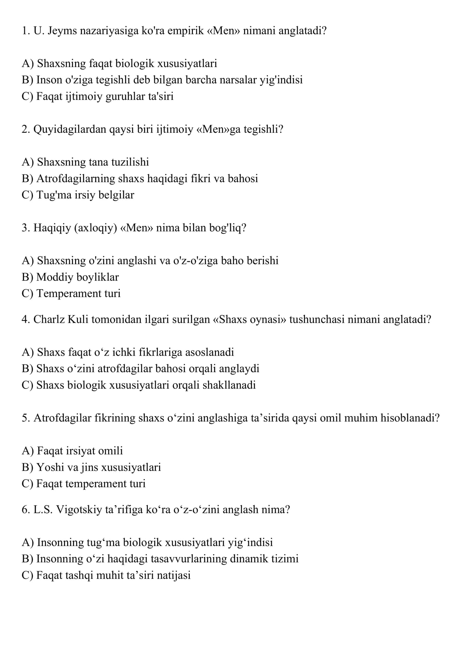 Atrofdagi narsalar o'z o'zini anglashini ta'sir qiladi
