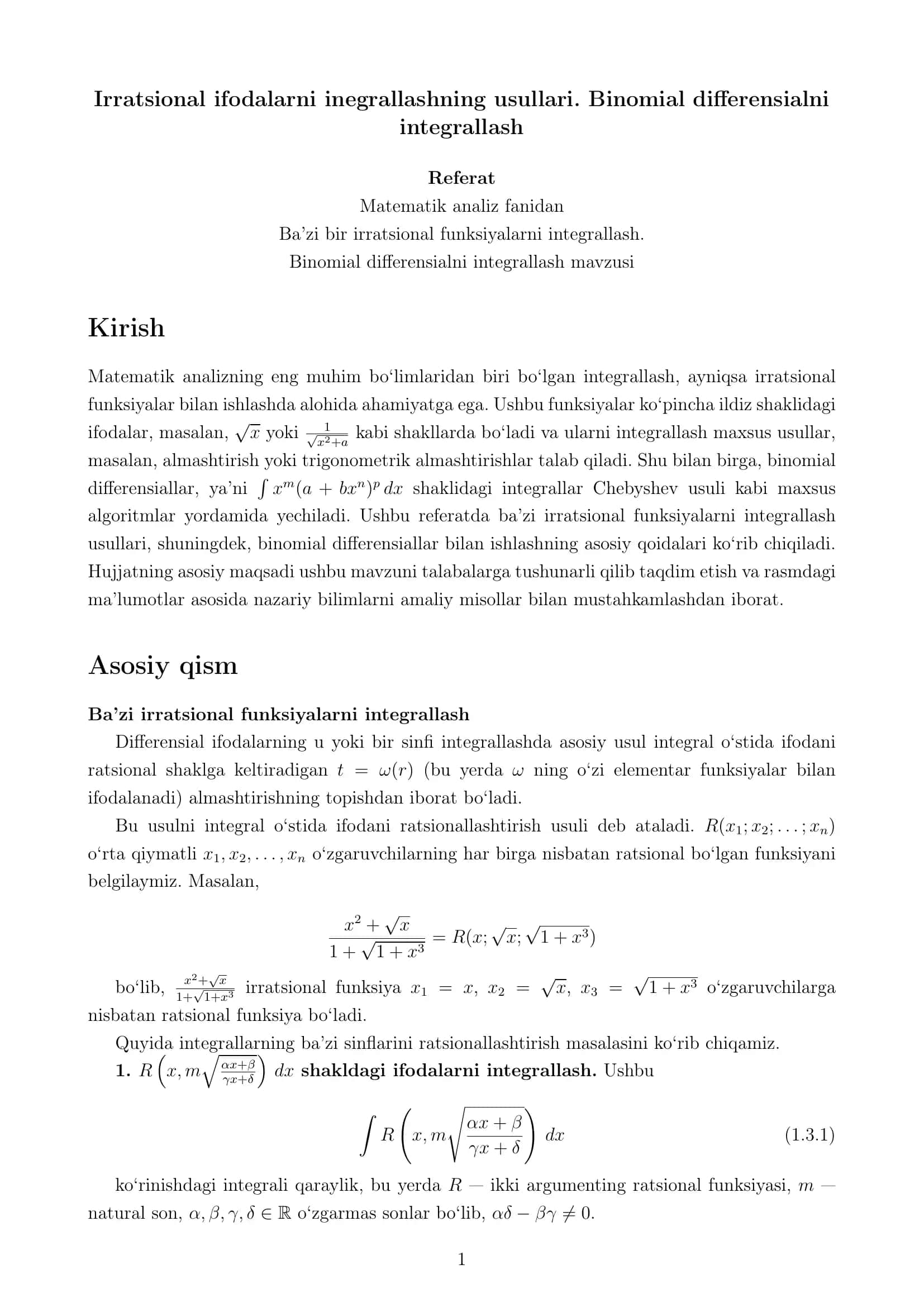 Irratsional ifodalarni inegrallashning usullari. Binomial differensialni integrallash
