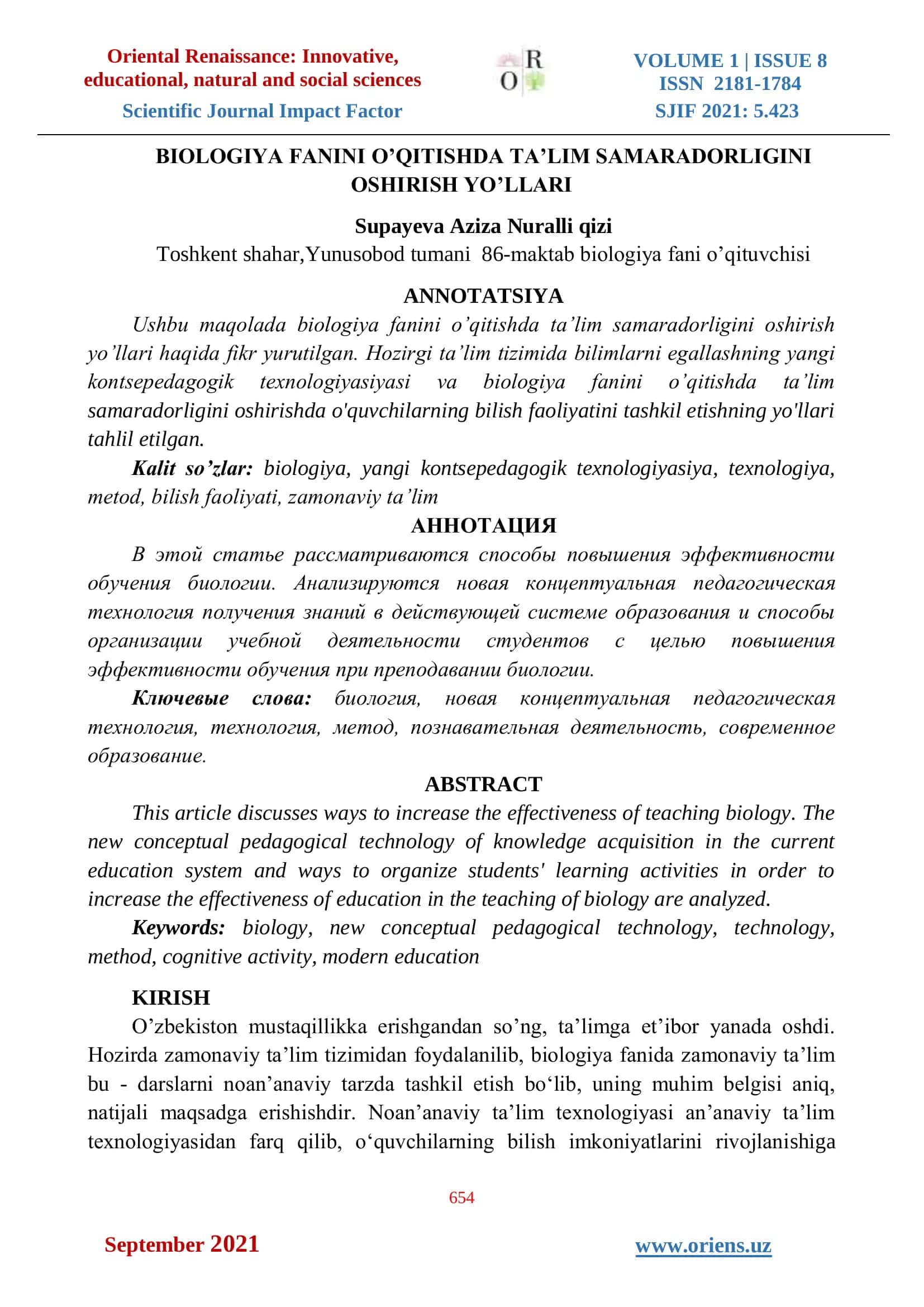 BIOLOGIYA FANINI O’QITISHDA TA’LIM SAMARADORLIGINI OSHIRISH YO’LLARI