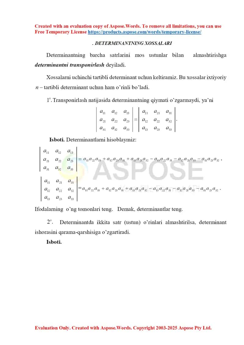 Determinantning xossalari