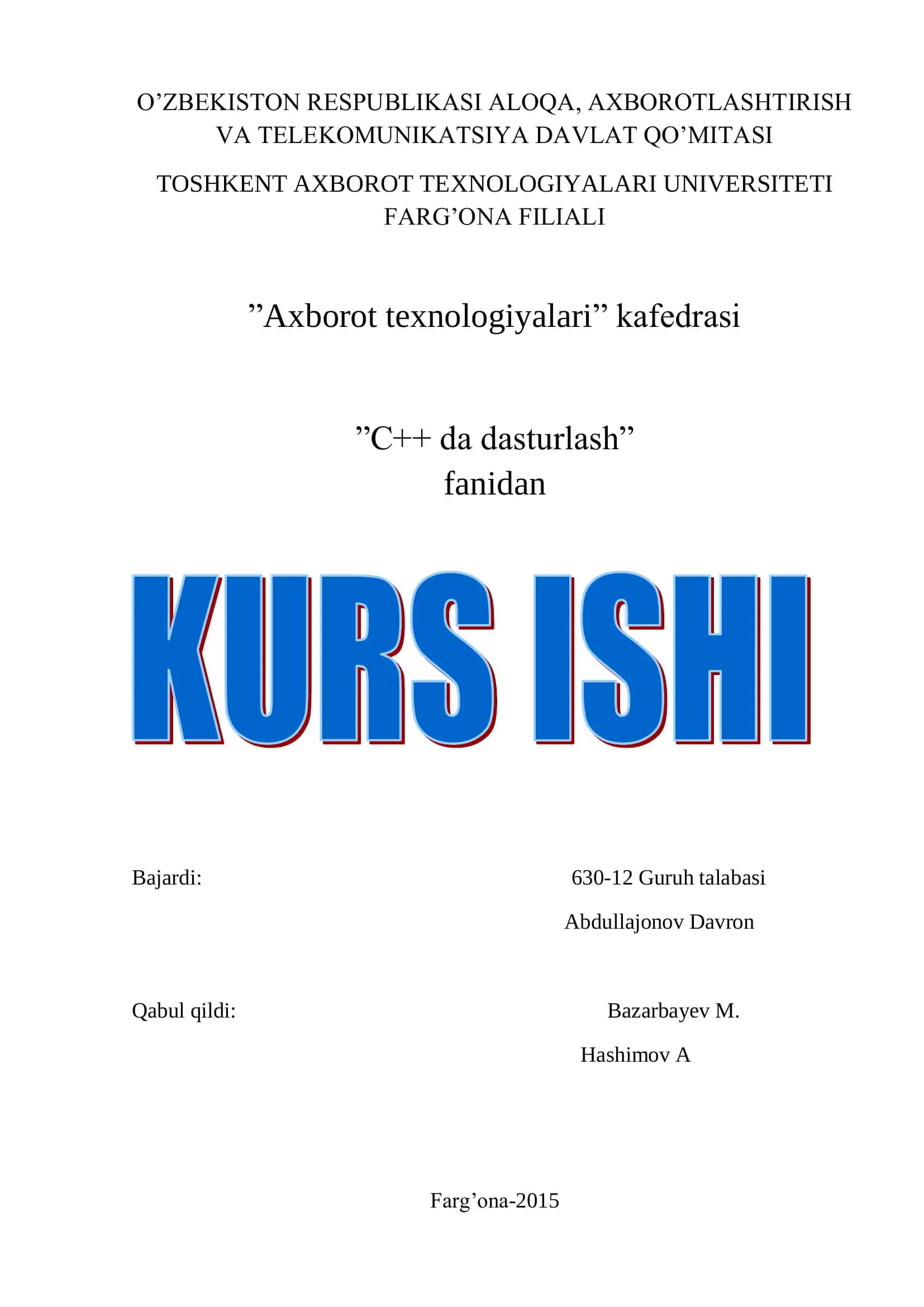 Avtoturargoh nazoratini amalga oshiruvchi dasturiy ta‘minot yaratish
