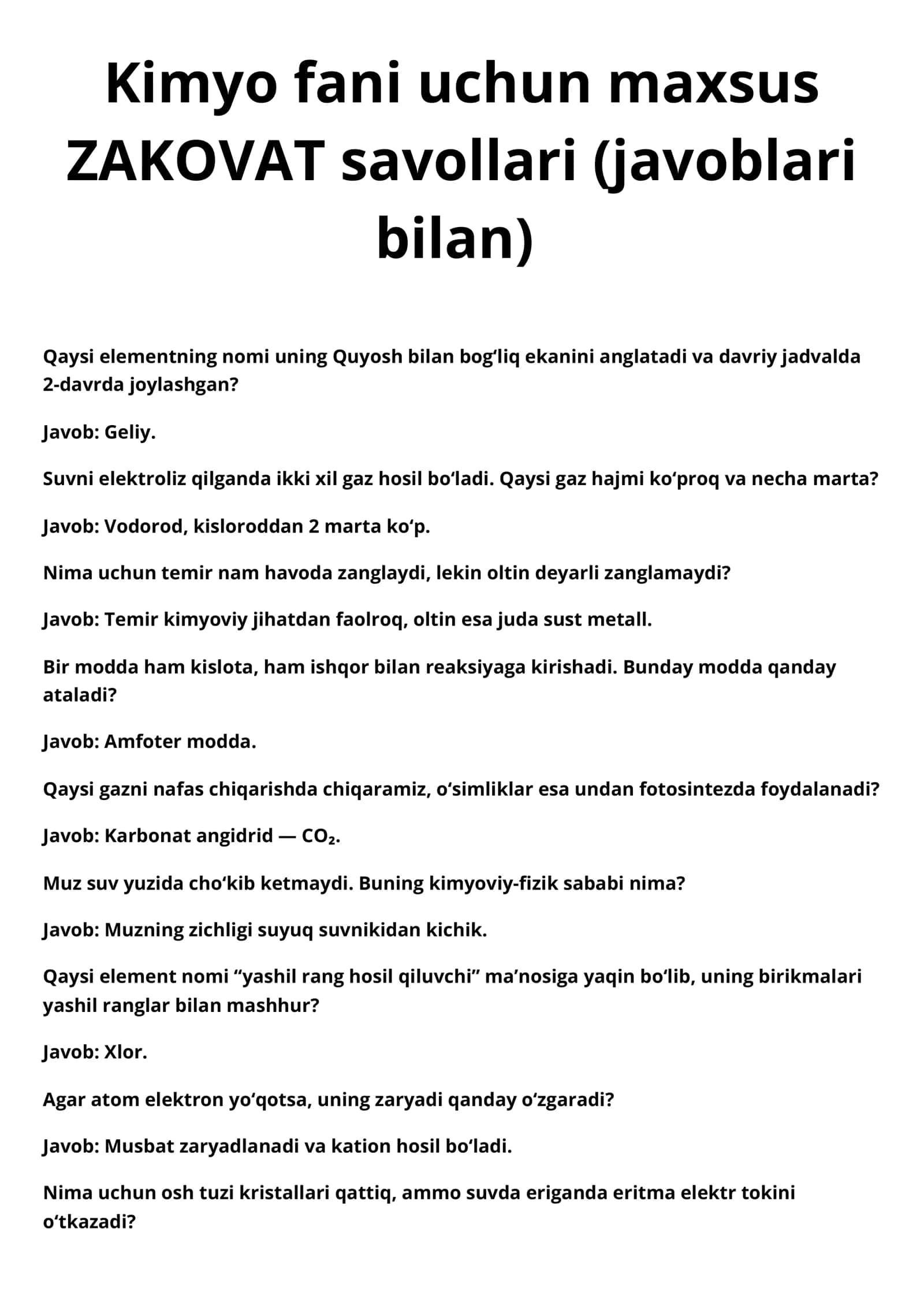 Kimyo fani uchun maxsus ZAKOVAT savollari (javoblari bilan)