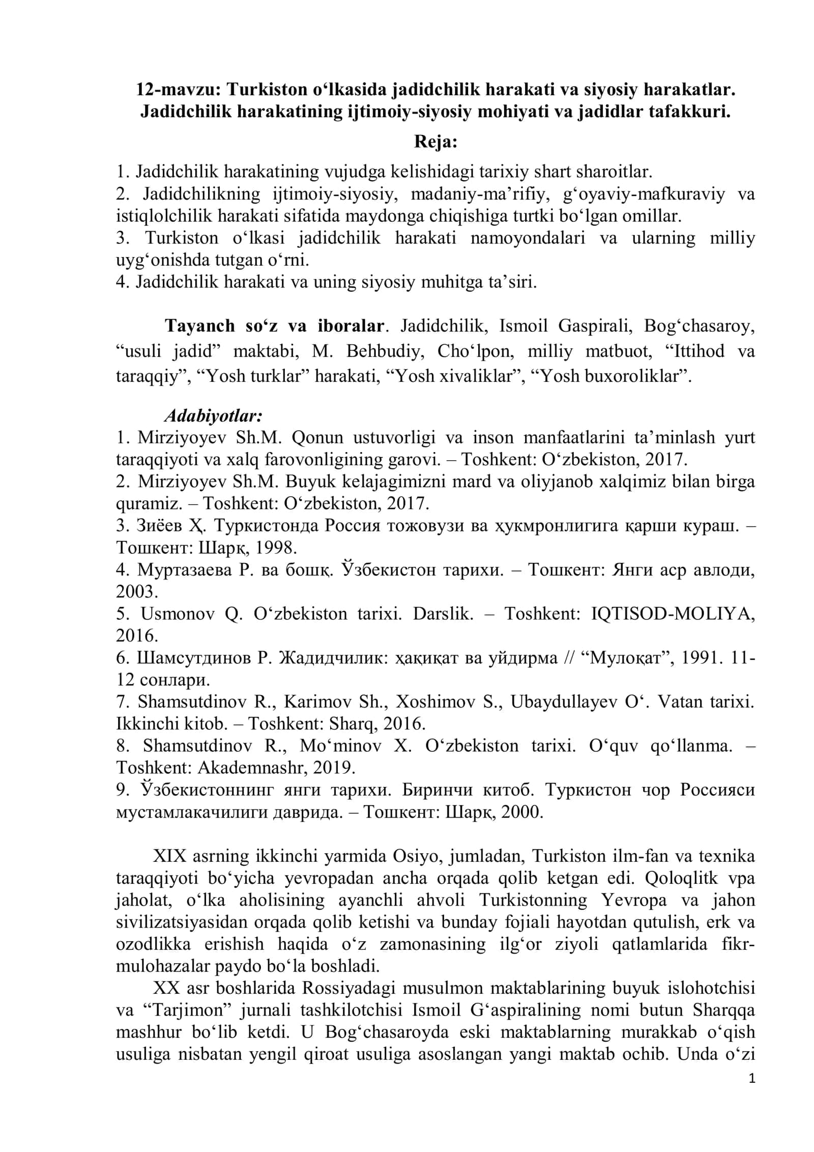 Turkiston o‘lkasida jadidchilik harakati va siyosiy harakatlar