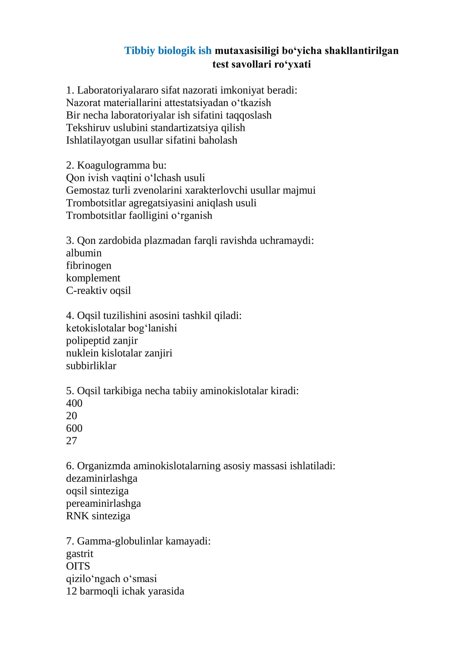 Tibbiy biologik ish mutaxasisiligi boʻyicha shakllantirilgan test savollari roʻyxati 2026