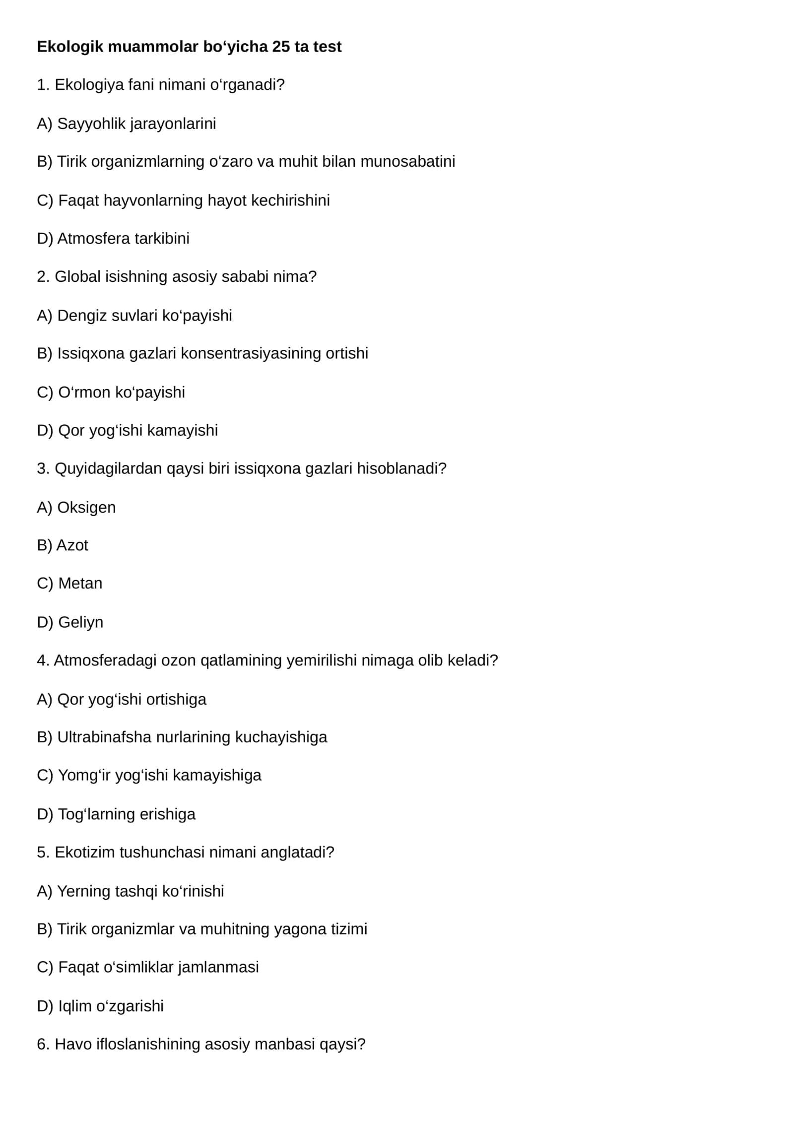 Ekologik muammolar bo‘yicha 25 ta test