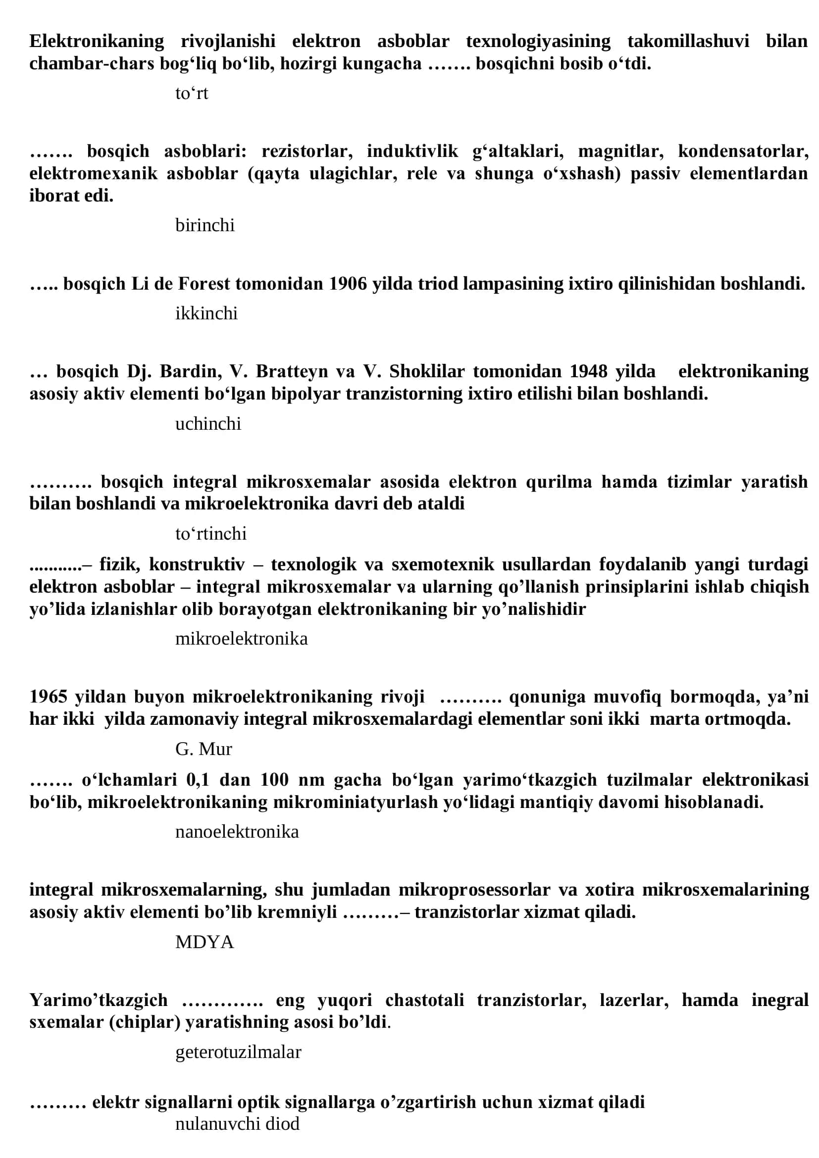 Elektronika va sxemalar 2 test savollari javoblari