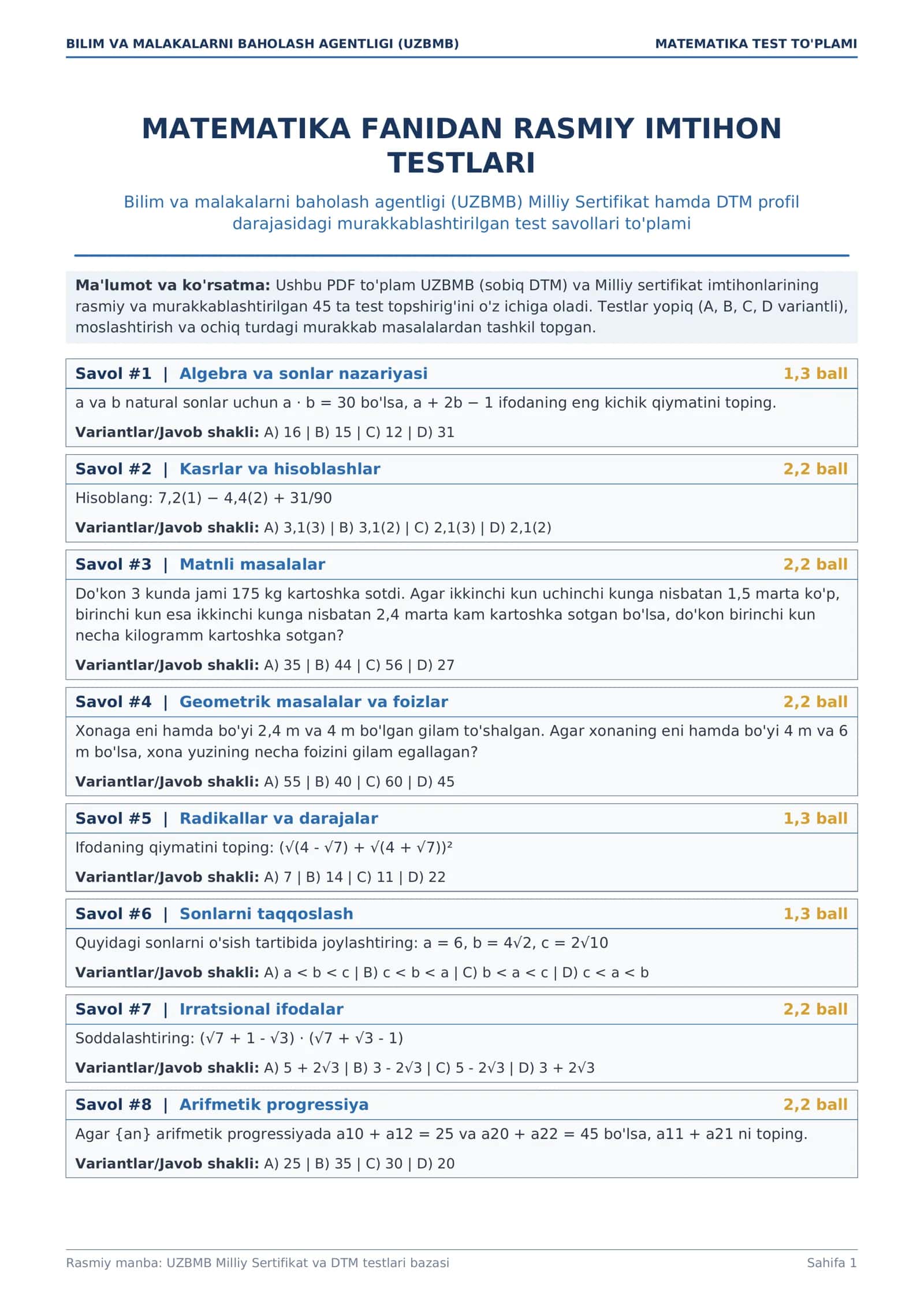 MATEMATIKA TEST TO'PLAMI