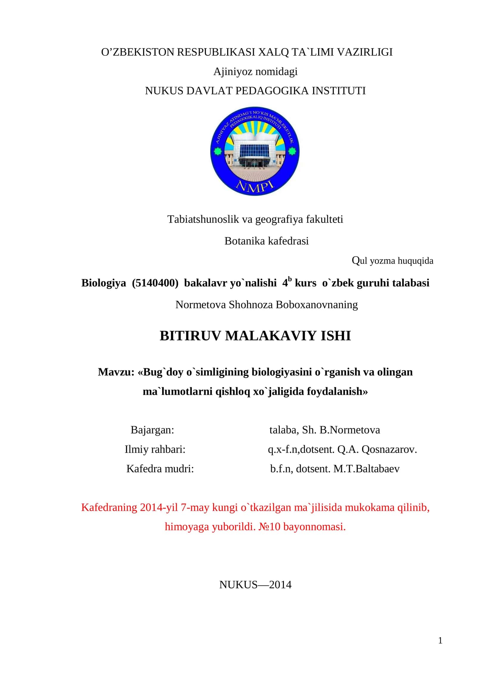 Bug doy o simligining biologiyasini o`rganish va olingan ma lumotlarni qishloq xo jaligida foydalani