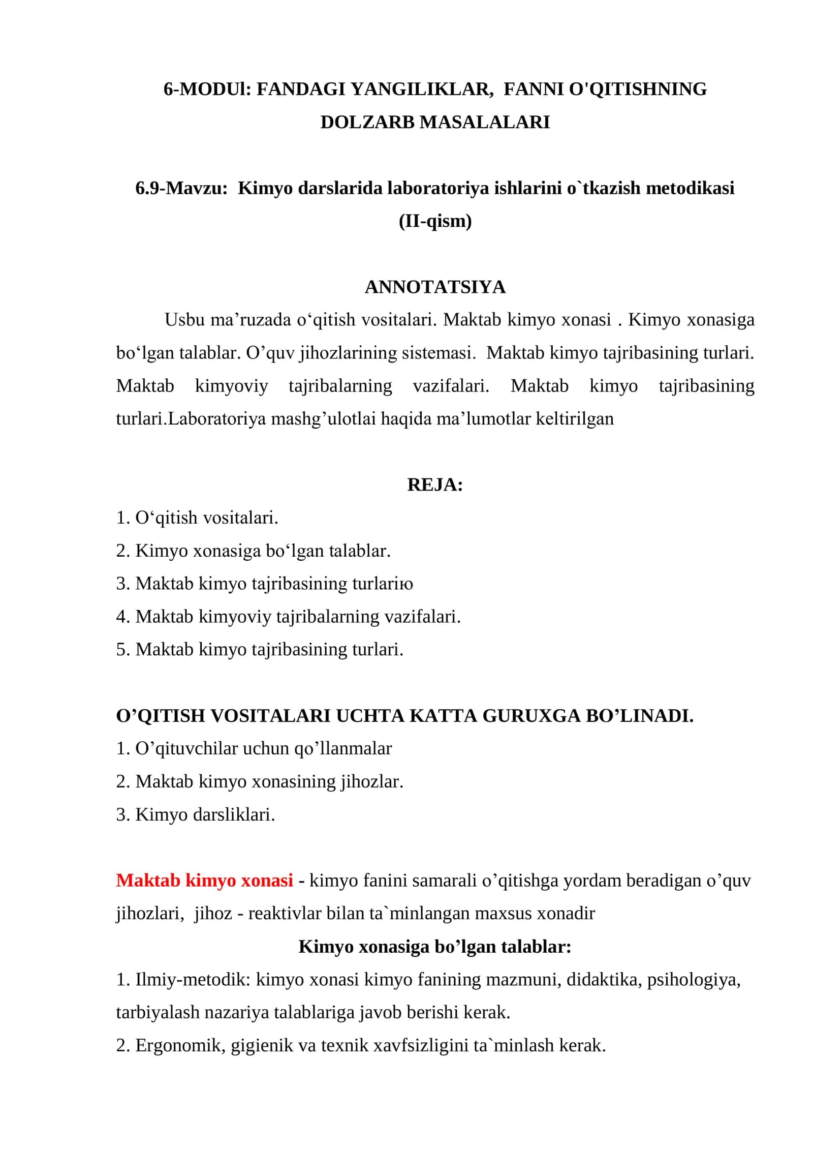 Kimyo darslarida laboratoriya ishlarini o`tkazish metodikasi (II-qism)