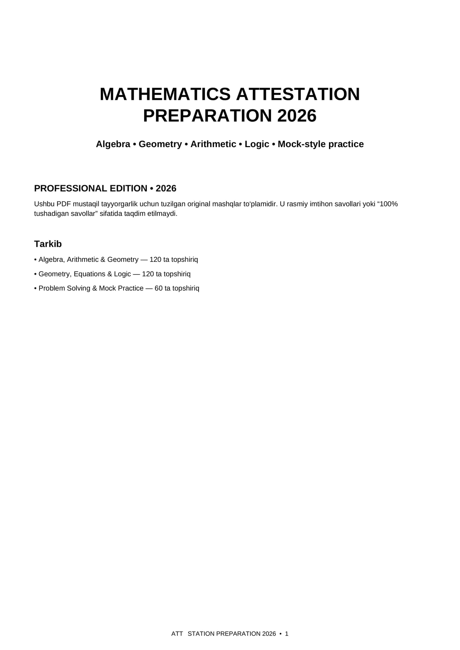 Mavzu: ATTISTATION PREPARATION 2026 Mathematics Attestation Preparation 2026